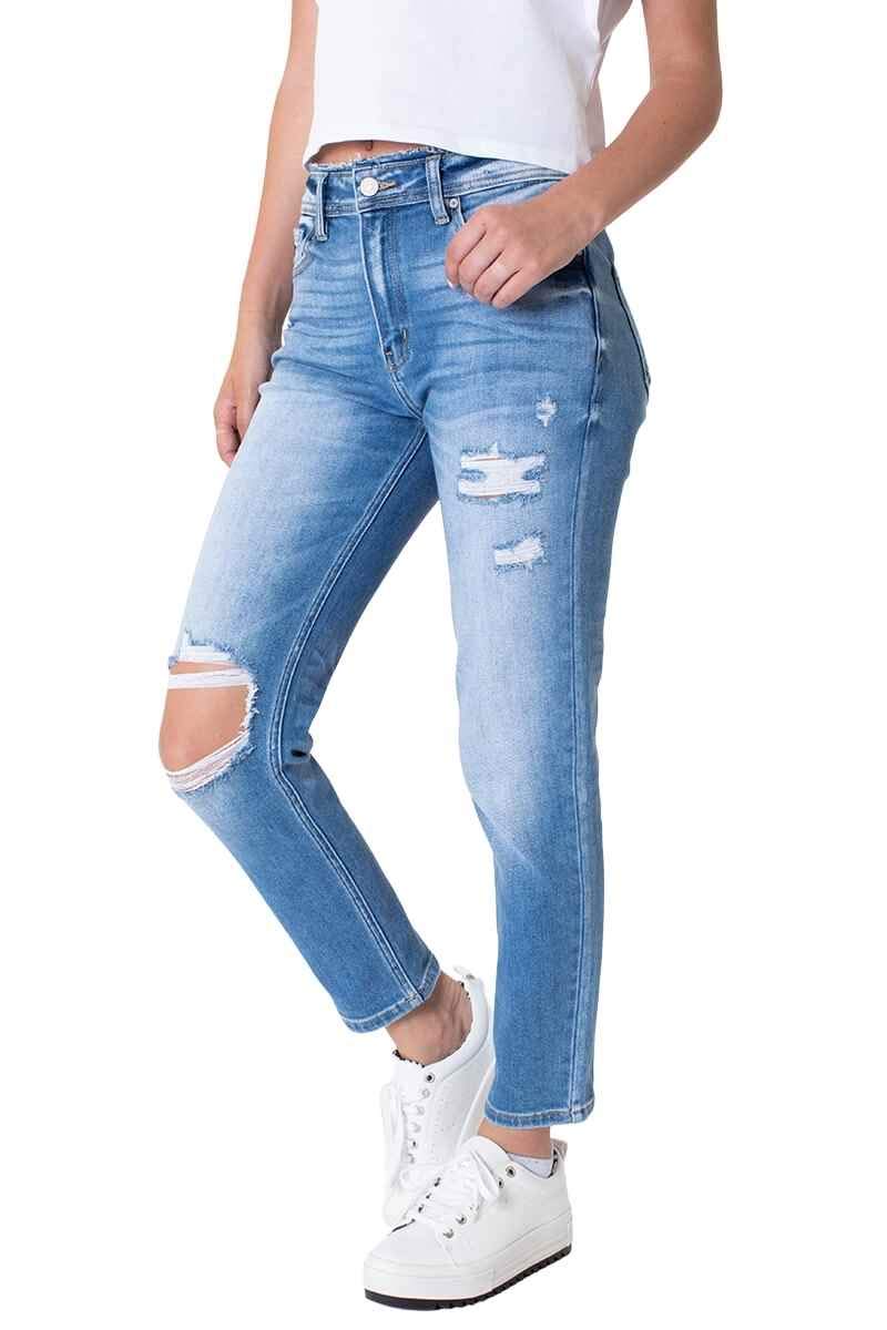 Kancan Women's High Rise Distressed Mom Jeans - KC9198L | Vintage Stretch Denim Pants for Casual Wear, Date Night & Everyday Outfits