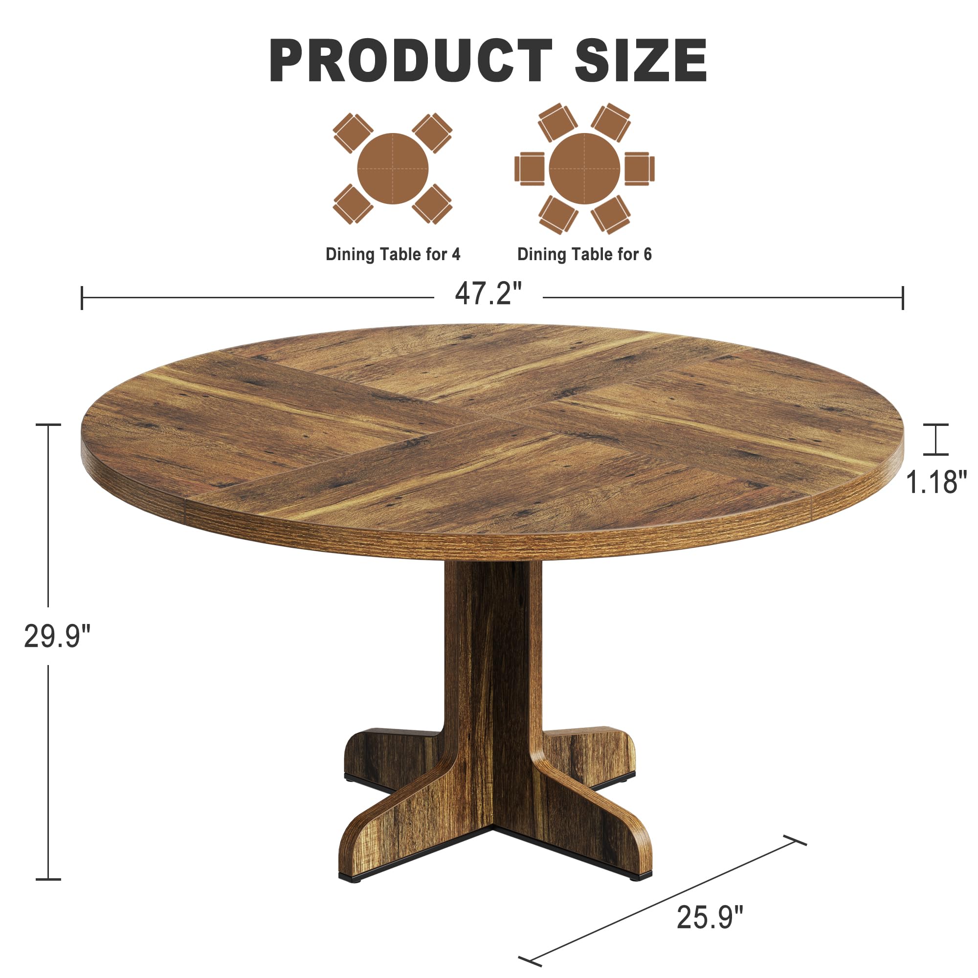 47 Inch Round Wooden Dining Table for 4 - Farmhouse Style Kitchen Table with Sturdy Base - Brown Circle Table for Home, Dining Room & Living Room - Perfect for Family Meals, Entertaining Guests & Small Space Dining