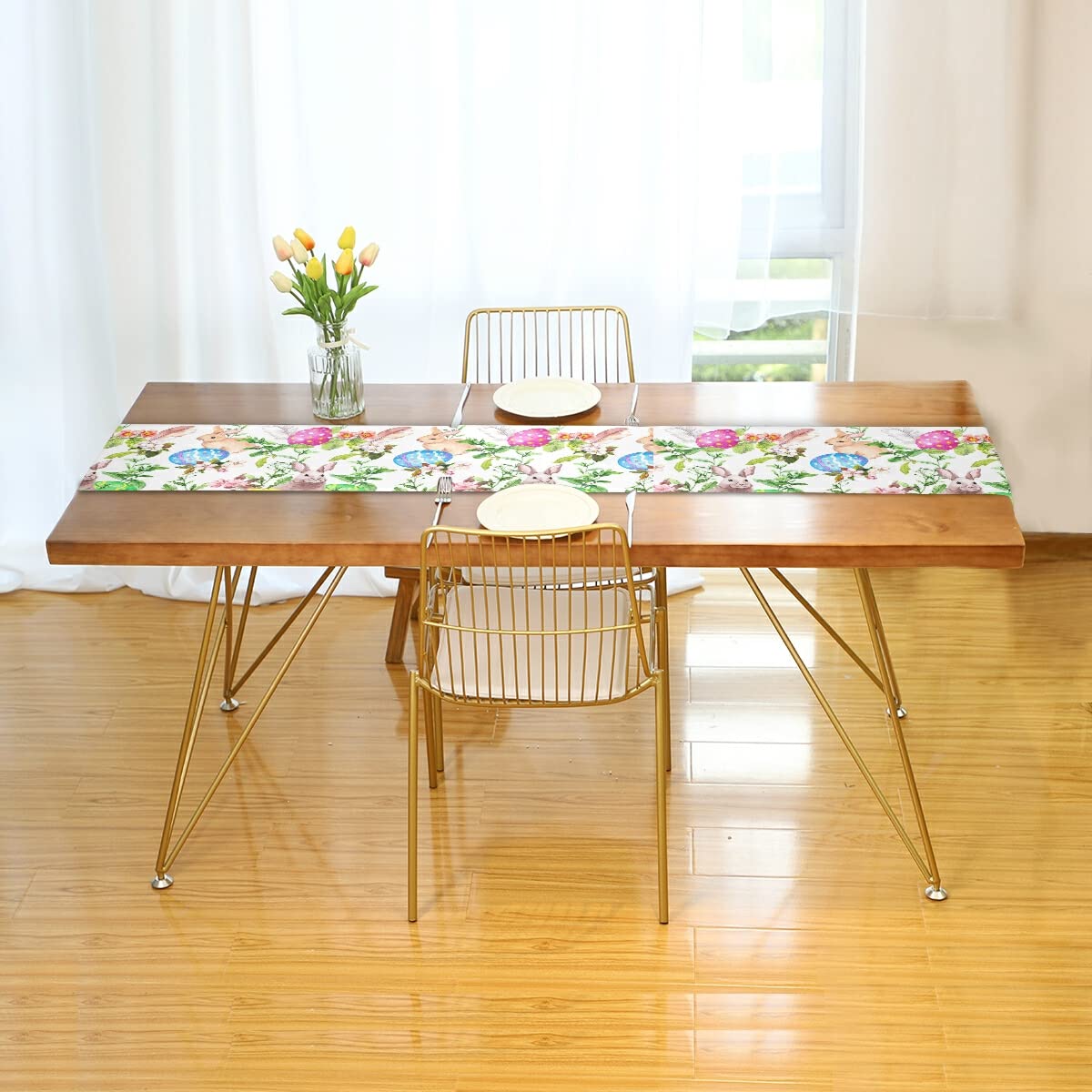 SUABO Happy Easter Eggs Bunny Rabbit Table Runner - Polyester Cotton Party Tablecloth for Easter Decorations, Spring Celebrations & Festive Events - Perfect for Dining Tables, Buffets, and Holiday Gatherings