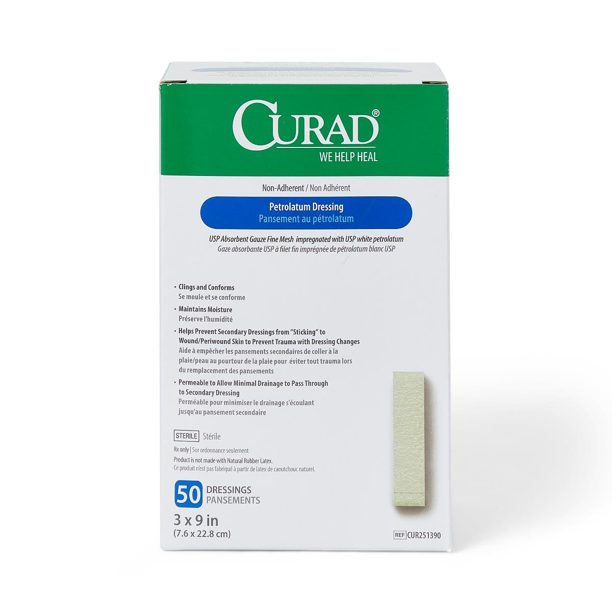 CURAD Sterile Non-Adherent Petrolatum Gauze Dressing 3x9 Inches, Box of 50 | First Aid Wound Care for Burns, Cuts & Abrasions | Medical Grade Bandage Pads for Healing & Protection