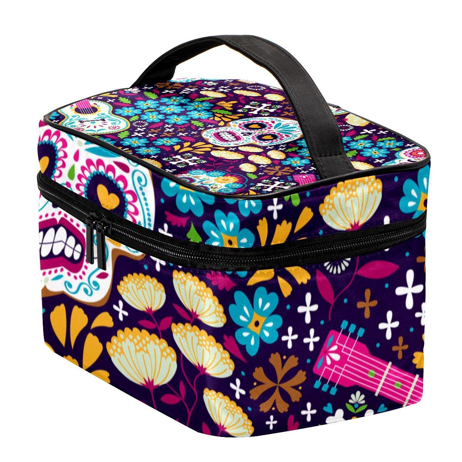 Sugar Skull Floral Guitar Pattern Travel Makeup Bag - Large Cosmetic Organizer with Zipper for Women & Girls - Perfect for Travel, Gym, and Daily Makeup Storage