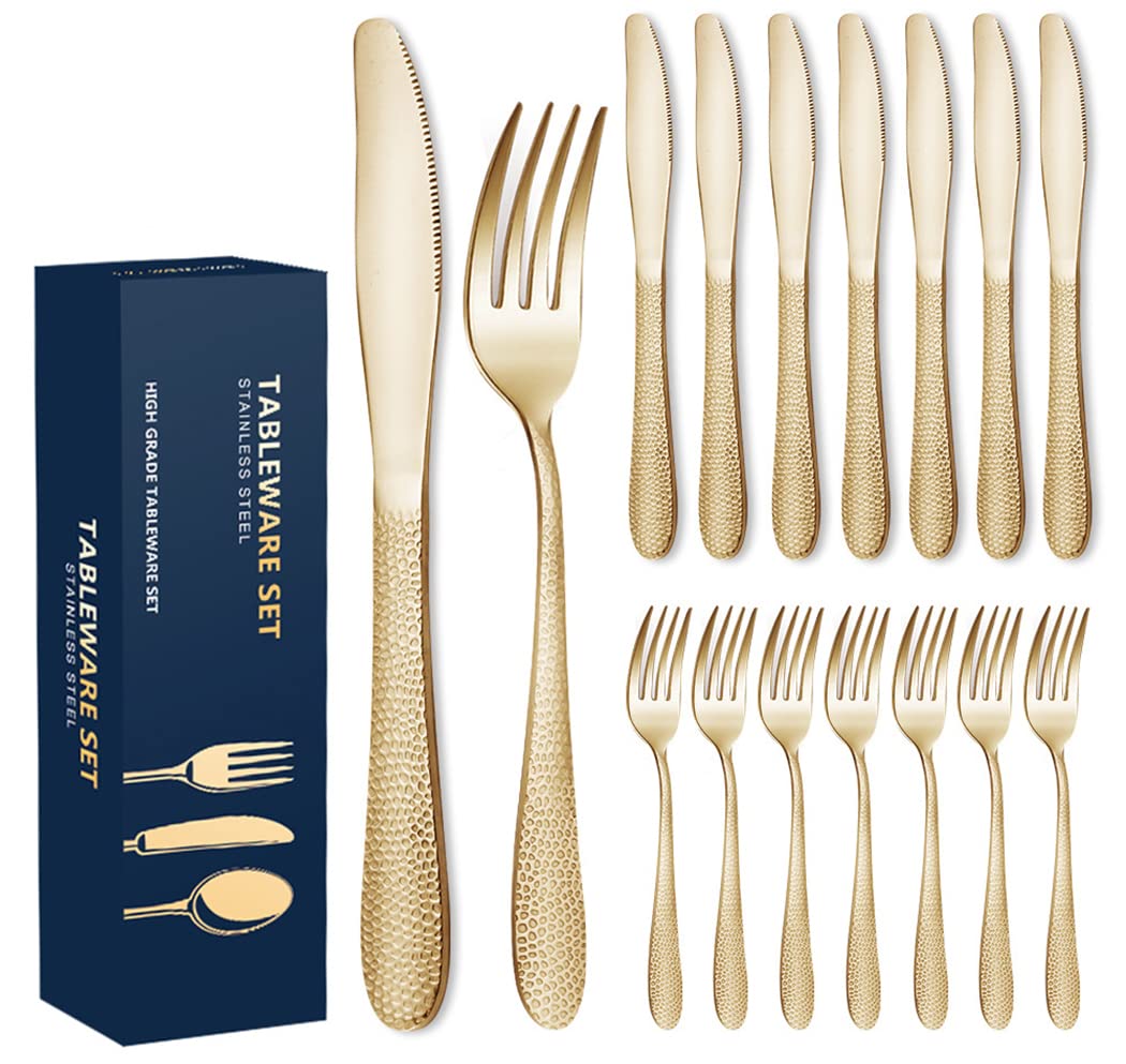 Premium 16-Piece Stainless Steel Dinnerware Set - Hammered Silverware Knives & Forks for 8 - Elegant Gold Flatware for Home, Kitchen & Restaurant Use - Perfect for Dinner Parties, Weddings & Fine Dining