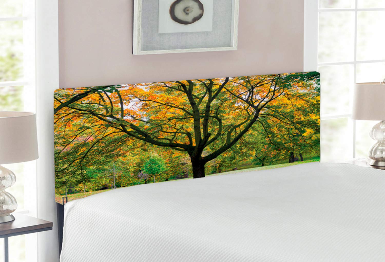 Ambesonne Full Size Upholstered Metal Bed Headboard with Memory Foam - Autumn Tree Park Scene with Fall Leaves in Green & Yellow | Seasonal Home Decor for Bedroom, Guest Room & Dorm