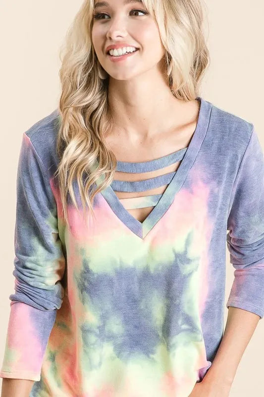 BiBi Tie Dye French Terry V-Neck Strapped T-Shirt for Women | Soft Casual Summer Top | Perfect for Beach, Music Festivals & Everyday Wear