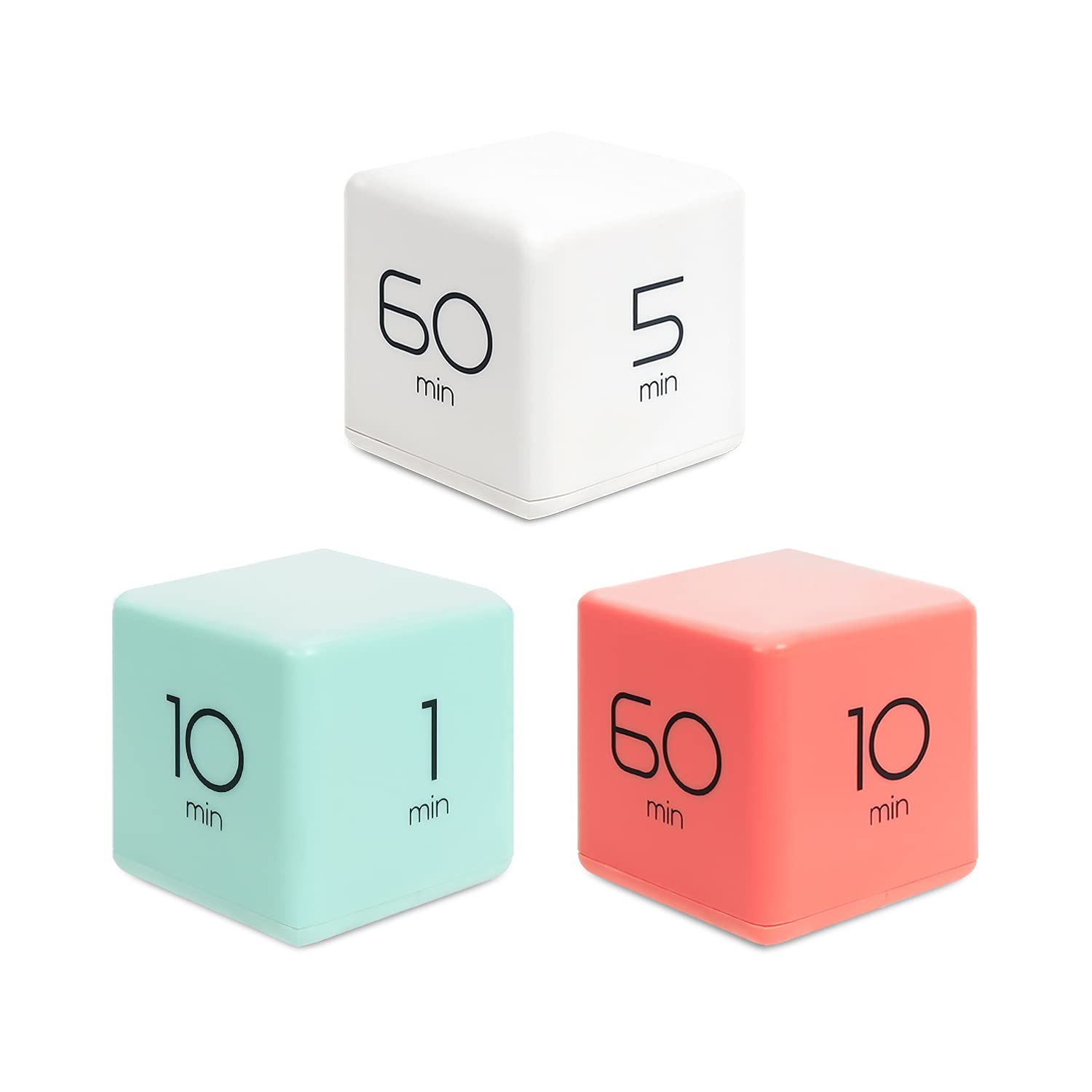 Mooas Cube Timer Set - 3 Pack (Mint, White, Coral) with Multiple Time Intervals (1-60 Minutes) - Perfect for Studying, Cooking, Workouts, Kids Activities & Classroom Time Management