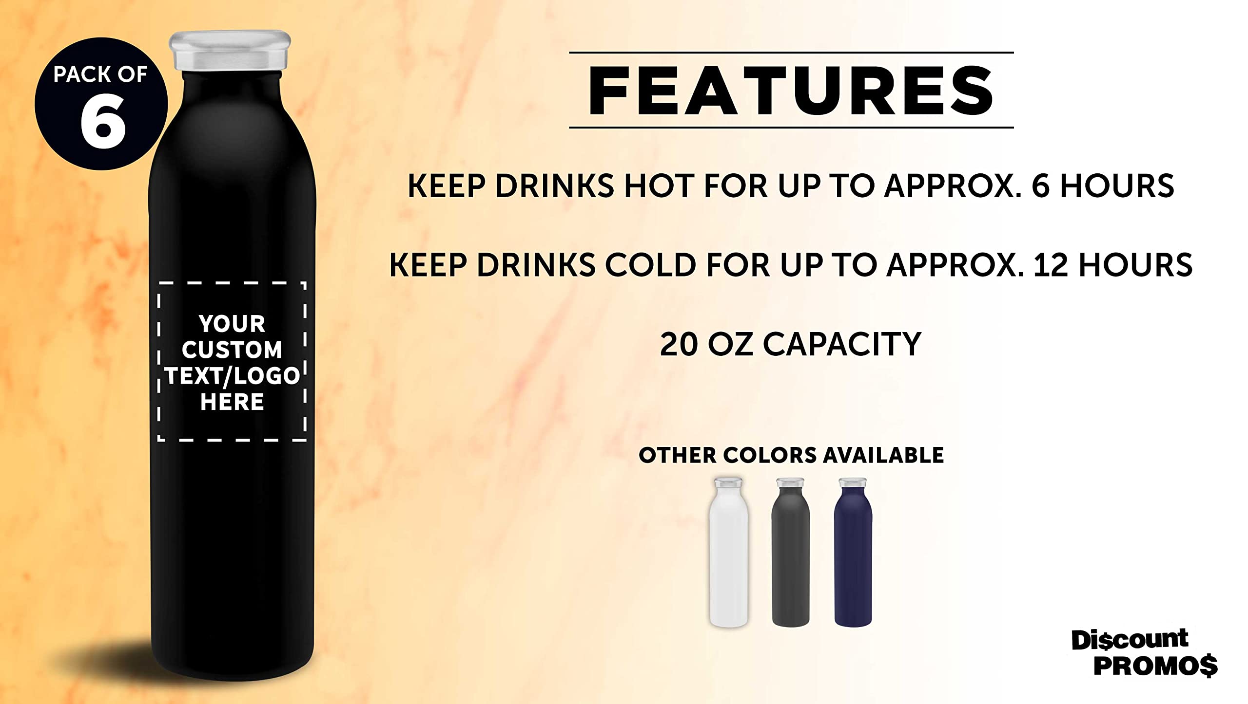 Custom 20oz Stainless Steel Water Bottles Set of 6 - Double Wall Vacuum Insulated, Personalized Bulk Pack for Coffee, Tea & Cold Drinks - Perfect for Office, Gym, Travel & Outdoor Activities - Black