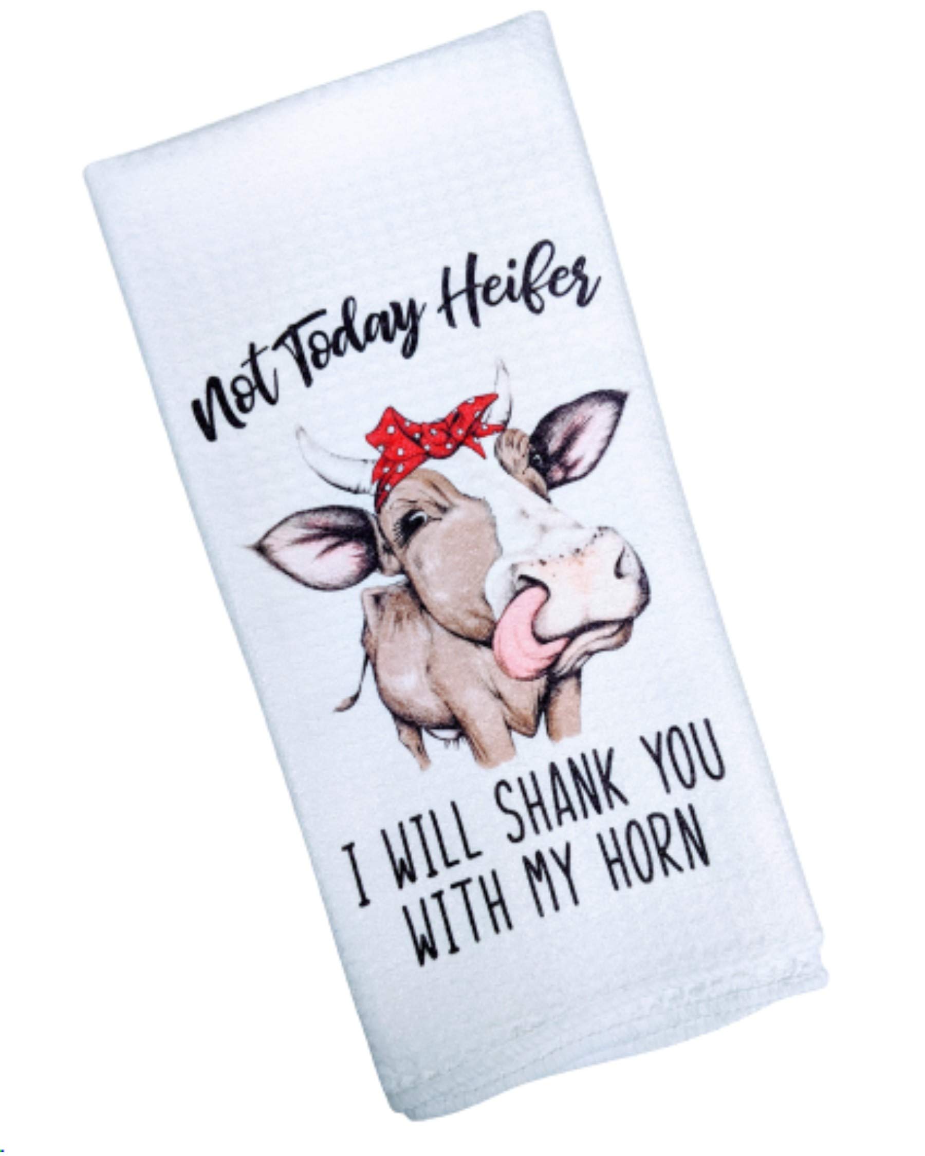 Funny Cow Kitchen Towel - Not Today Heifer I Will Shank You With My Horn - Waffle Weave Farmhouse Decor for Kitchen, Funny Gift for Cow Lovers, Farm Themed Home Accessories