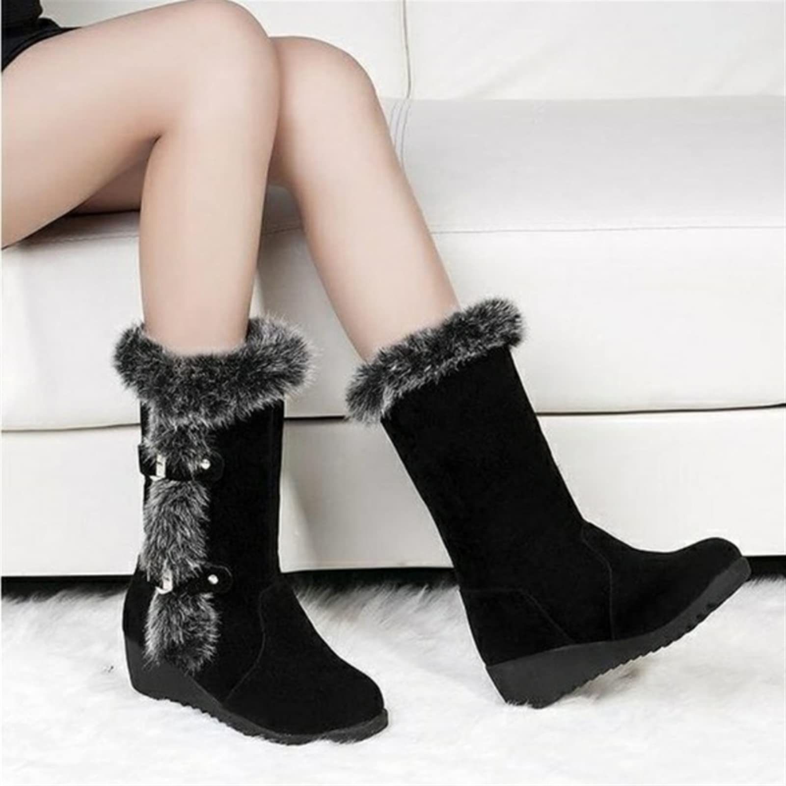 Women's Winter Boots - Warm Fur Lined Mid Calf Snow Boots Slip On Round Toe Wedge Heel Casual Shoes - Size 8 Black - Perfect for Snowy Days, Outdoor Activities & Winter Fashion