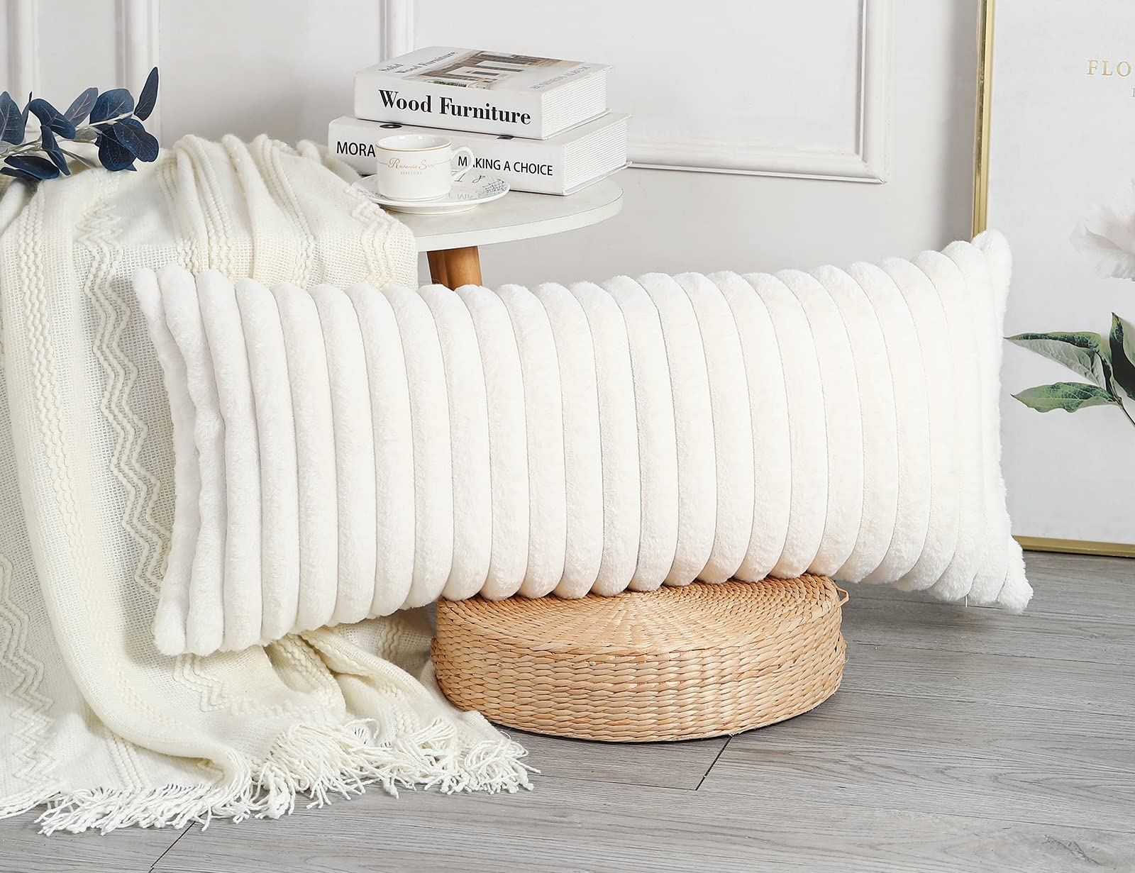 PANOD Faux Fur Decorative Lumbar Throw Pillow Covers 14x36 Inches - Plush Long Boho Pillow Cases for Couch, Bed & Sofa - Farmhouse Living Room Decor - Soft White Pillow Covers - Perfect for Cozy Home, Lounge & Guest Room Decor