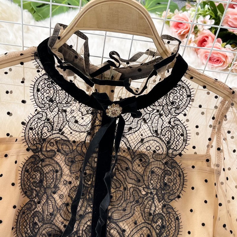 Elegant Autumn Bowknot Stand Collar Polka Dot Lace A-Line Dress 1369 | Floral Print Party Dress for Women | Perfect for Fall Weddings, Office Wear & Date Nights