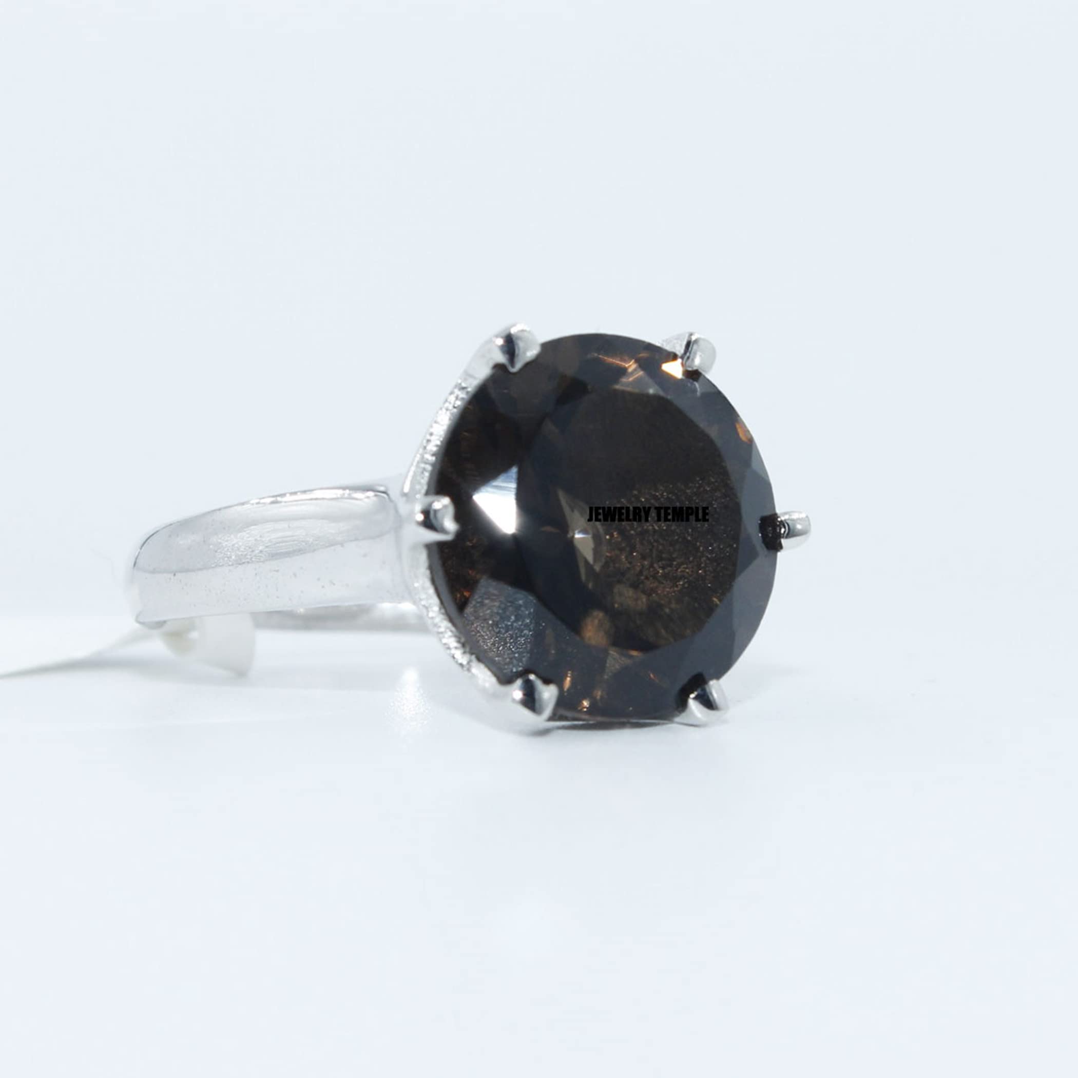 925 Silver Solitaire Ring with Smoky Quartz Band - 15mm Gemstone Jewelry for Women, Engagement, Wedding, Anniversary Gift