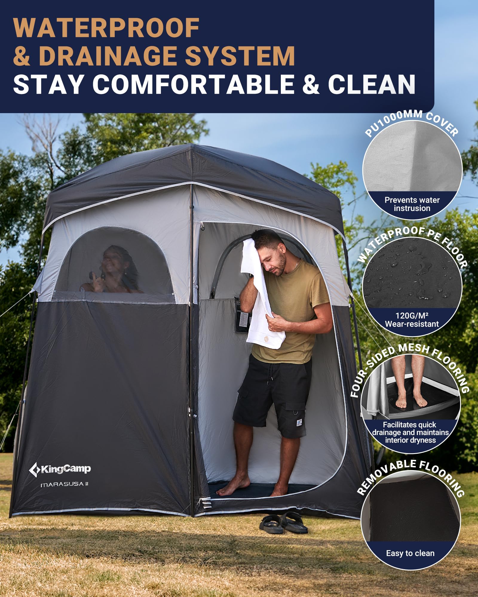 KingCamp Luxury Camping Shower Tent with Shower Bag - Portable Privacy Shelter for Outdoor Bathing, 1 & 2 Room Toilet Tent Options - Perfect for Camping, Hiking, Beach Trips and RV Adventures
