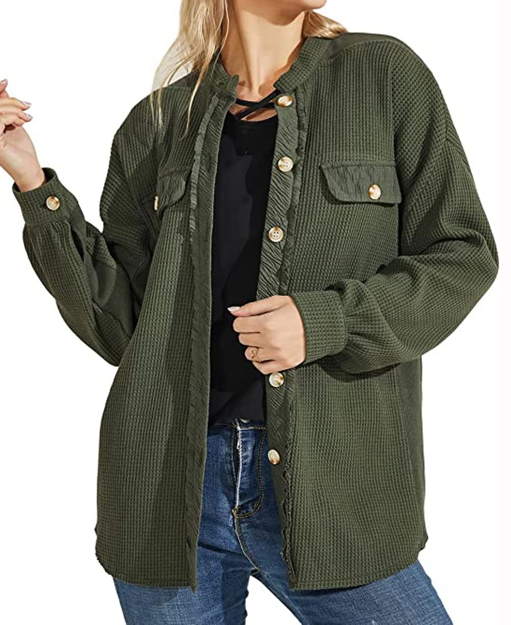Loveimgs Women's Oversized Waffle Knit Shirt - Corduroy Long Sleeve Button Down Shacket Jacket for Fall | Casual Outfit, Layering Essential & Cozy Autumn Fashion