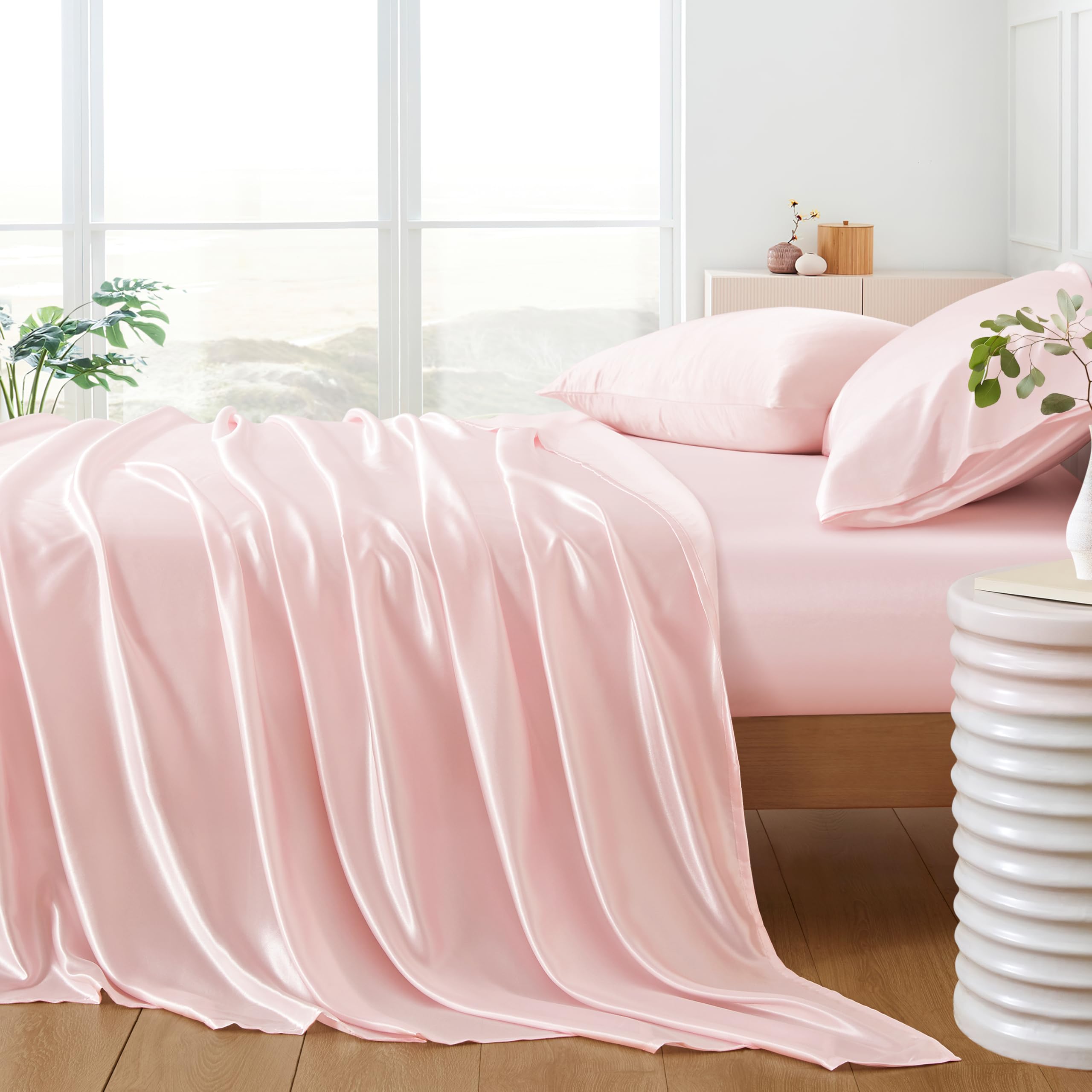 NA HommxJF 4PCS Blush Pink Satin Sheets Queen Size - Soft Silky Bedding Set Includes 1 Flat Sheet, 1 Deep Pocket Fitted Sheet & 2 Pillowcases - Lightweight Luxury Sheets for Bedroom Decor, Wedding Gift or Guest Room Upgrade