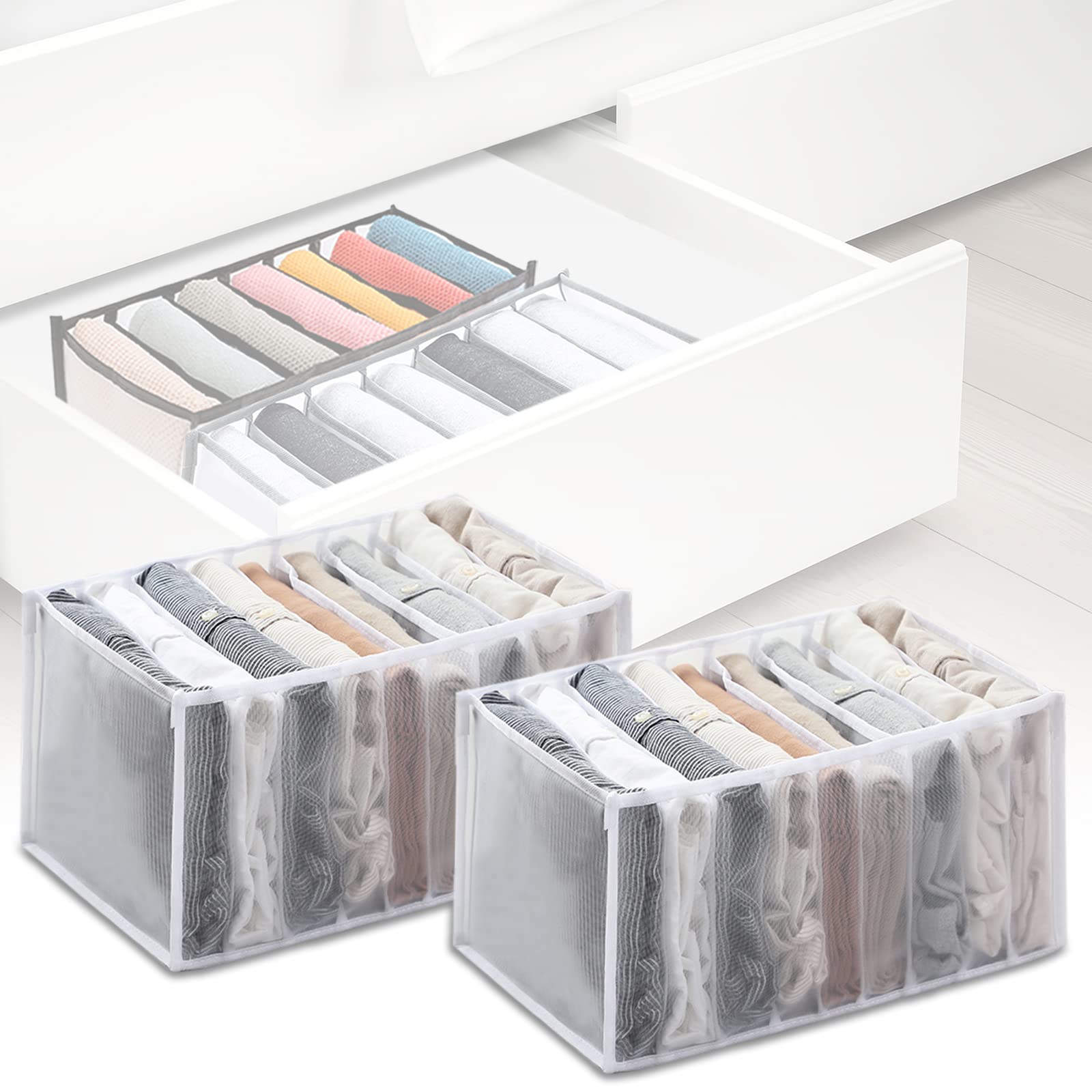 Evankin 2-Pack Large Mesh Wardrobe Organizer - 9-Grid Drawer & Closet Storage Solution for Shirts, T-Shirts, Scarves - White | Space-Saving Closet & Dresser Organization for Bedroom, Dorm, Travel
