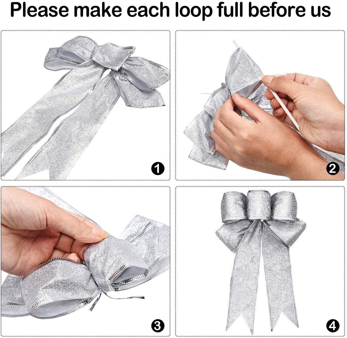 6-Pack Silver Glitter Christmas Ribbon Bows - Elegant Gift Wrapping, Wreath & Wedding Party Decorations - Hanging Ornaments for Holiday, Xmas Tree & Home Decor