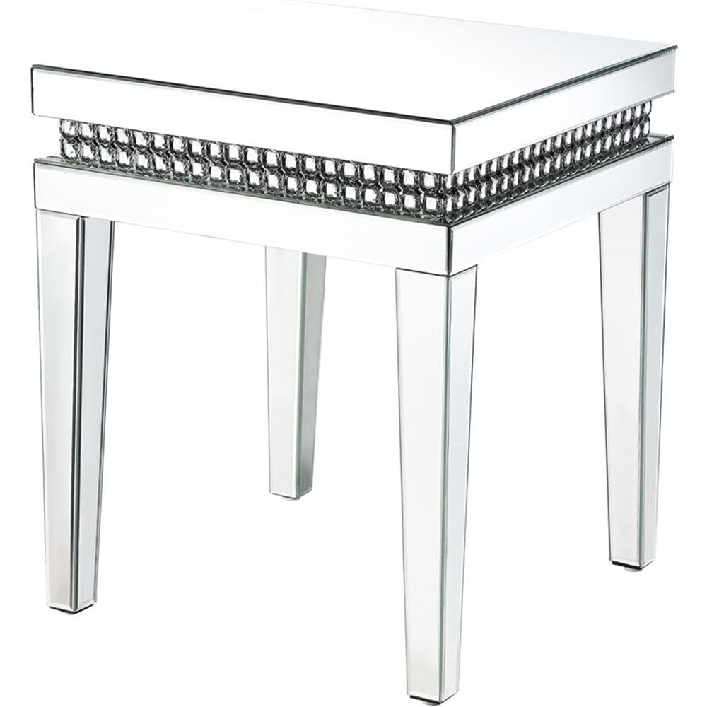 Acme Lotus Square Mirrored End Table with Faux Crystal Accents - Elegant Living Room Decor for Modern Homes & Bedroom Nightstand
