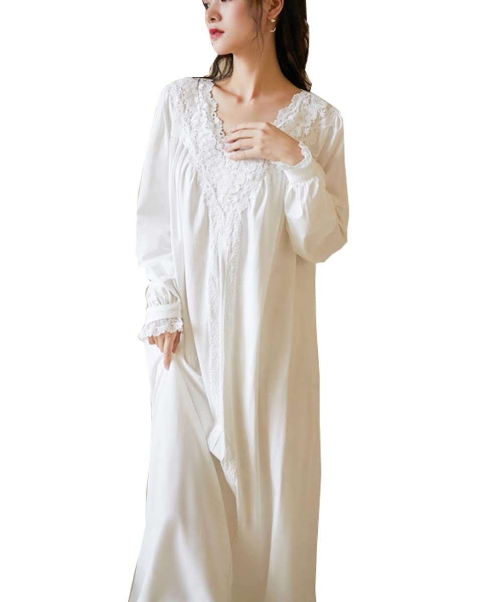 MALEROADS Women's Long Sleeve Cotton Nightgown - Floral Lace Trim White Vintage Sleepwear, Comfortable Pajama Dress for Sleeping, Lounge & Romantic Nights