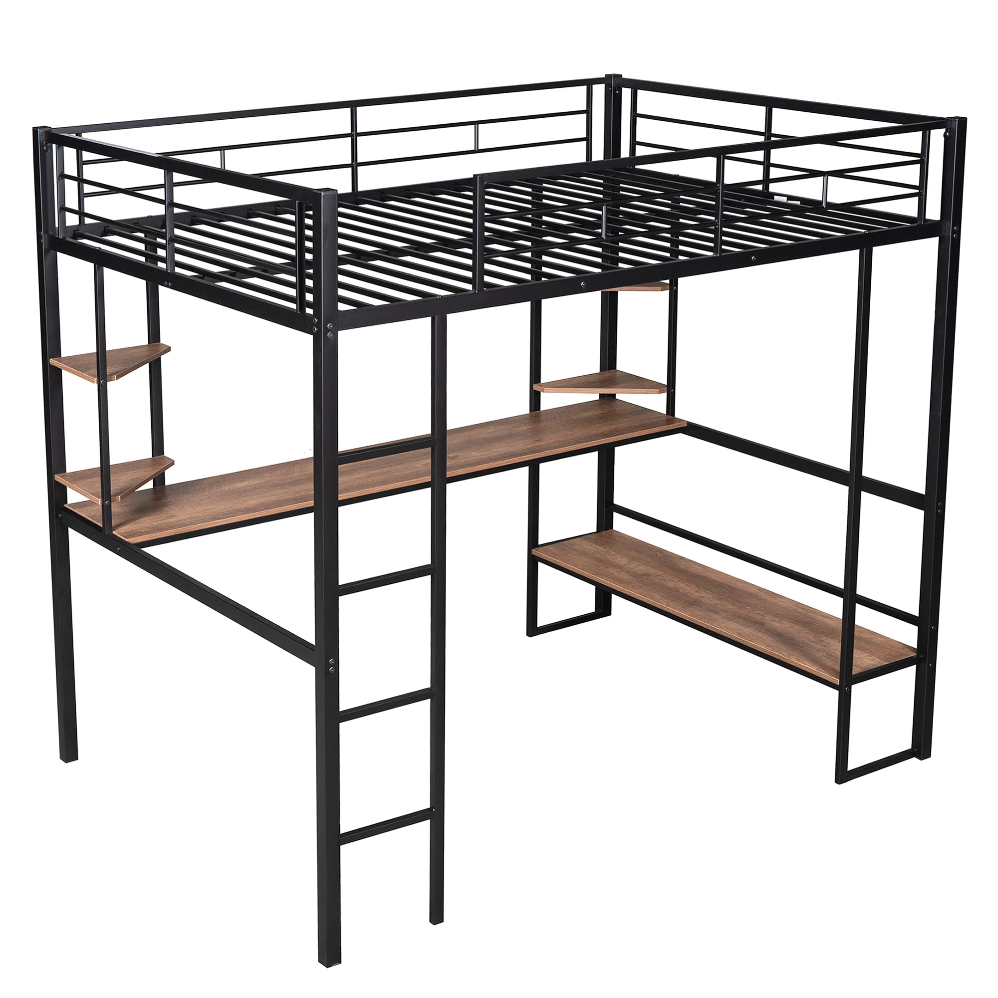 Harper & Bright Designs Full Metal Loft Bed Frame with Built-in Desk & Storage Shelves - Heavy Duty Steel Construction for Kids, Teens & Adults - Space-Saving Black Bedroom Furniture for Small Rooms, Dorms & Apartments