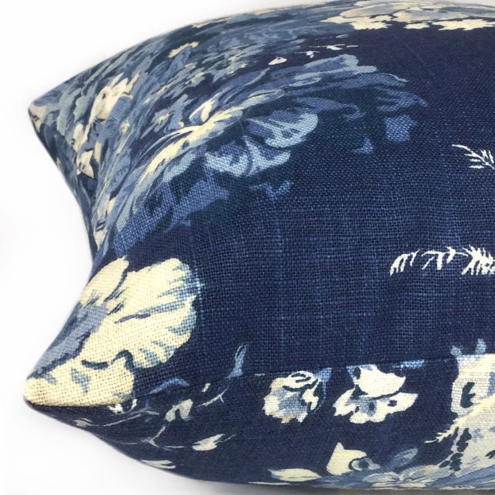 Ballad Bouquet Indigo Blue Cream Floral Print Pillow Cover - Decorative Throw Pillow Case for Sofa, Bedroom & Living Room Home Decor