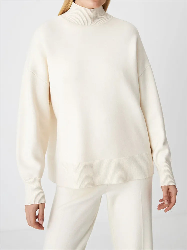 2024 Oversized Women's 2-Piece Knit Tracksuit Set - Half Turtleneck Sweater & Wide Leg Jogging Pants | Cozy Winter Outfit for Casual Wear, Lounge, and Street Style