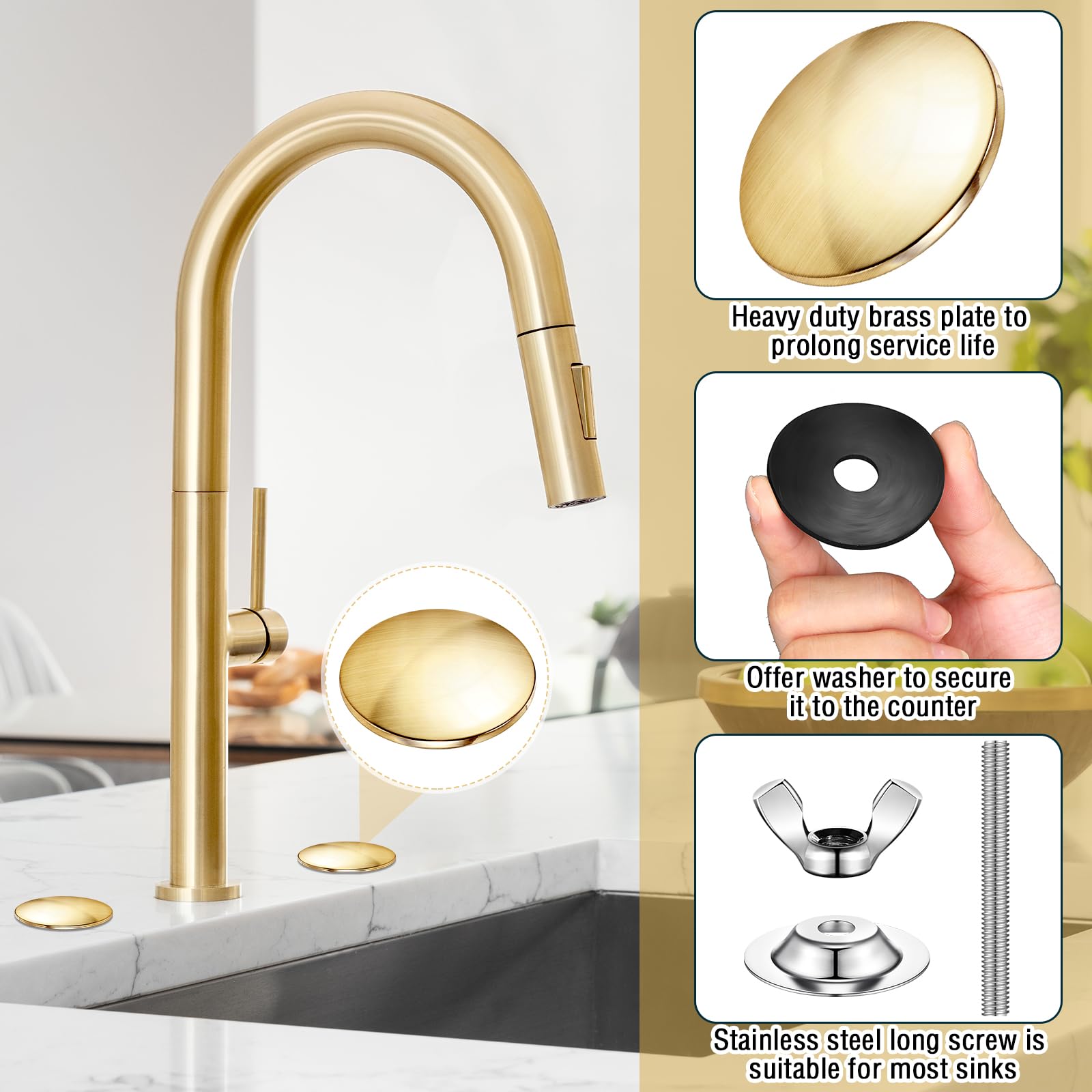 2 Inch Stainless Steel Sink Hole Cover - Brushed Gold for Kitchen Faucet Hole
