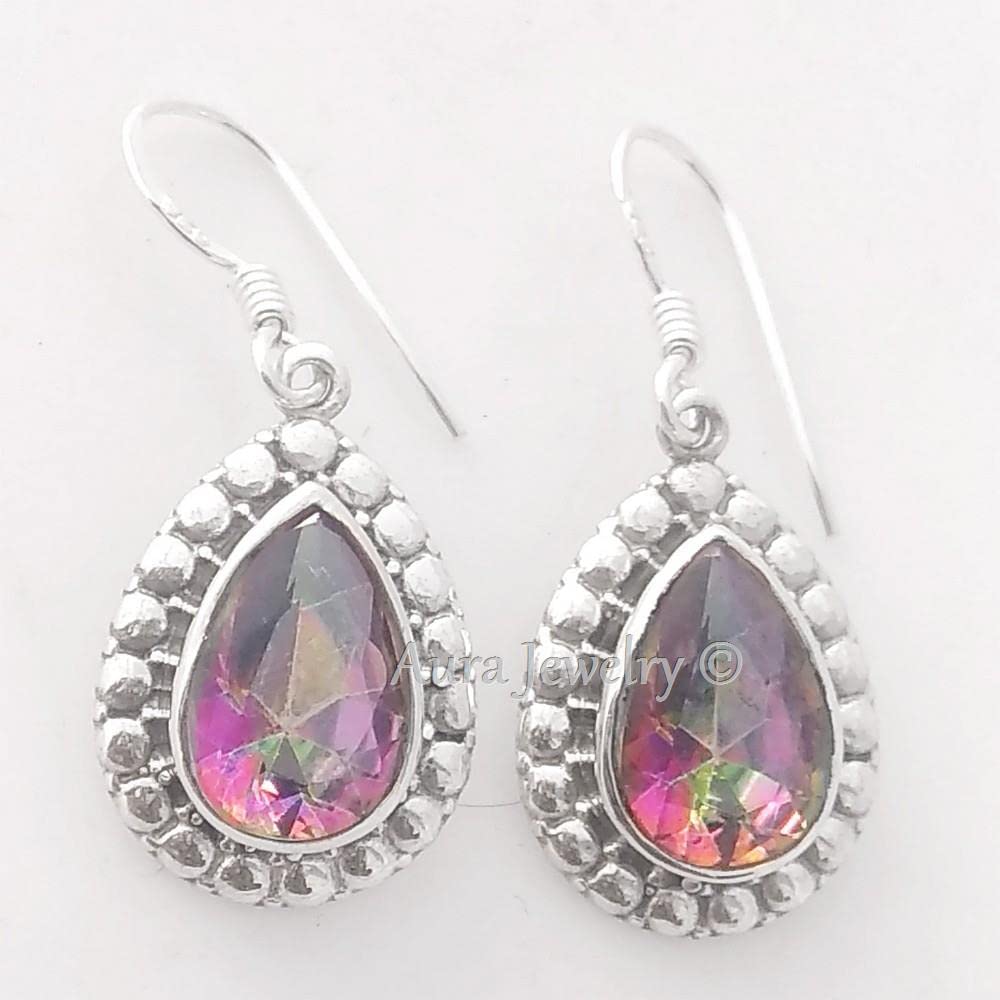 925 Sterling Silver Dangle Earrings for Women - Genuine Mystic Topaz Gemstone Bezel Set Hypoallergenic Jewelry | Elegant Statement Earrings for Christmas Gifts, Parties, Weddings & Special Occasions