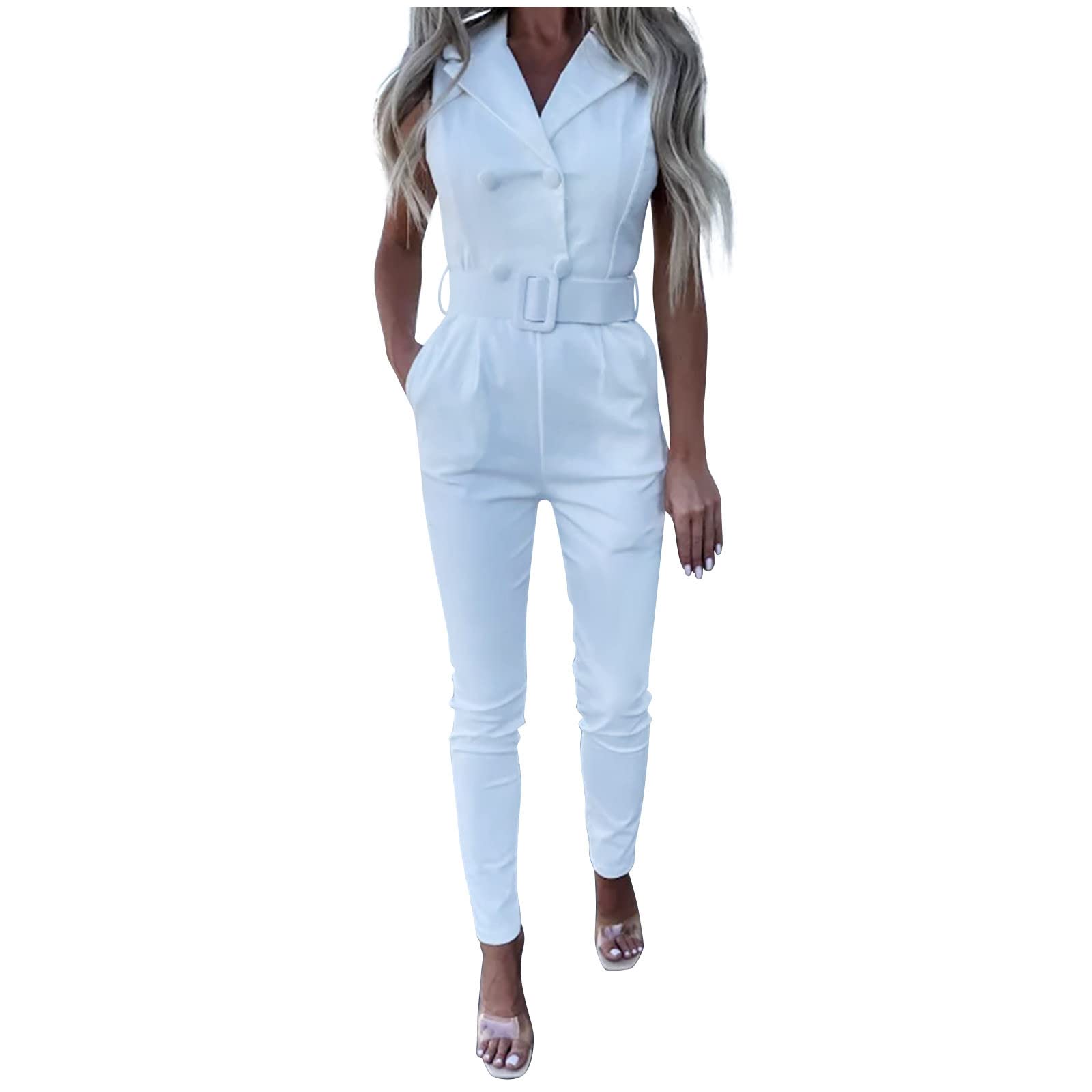 Kcdigr Women's Business Casual Jumpsuit - Double Breasted Lapel Sleeveless Belted Romper for Office & Professional Wear | Perfect for Work, Business Meetings & Formal Occasions