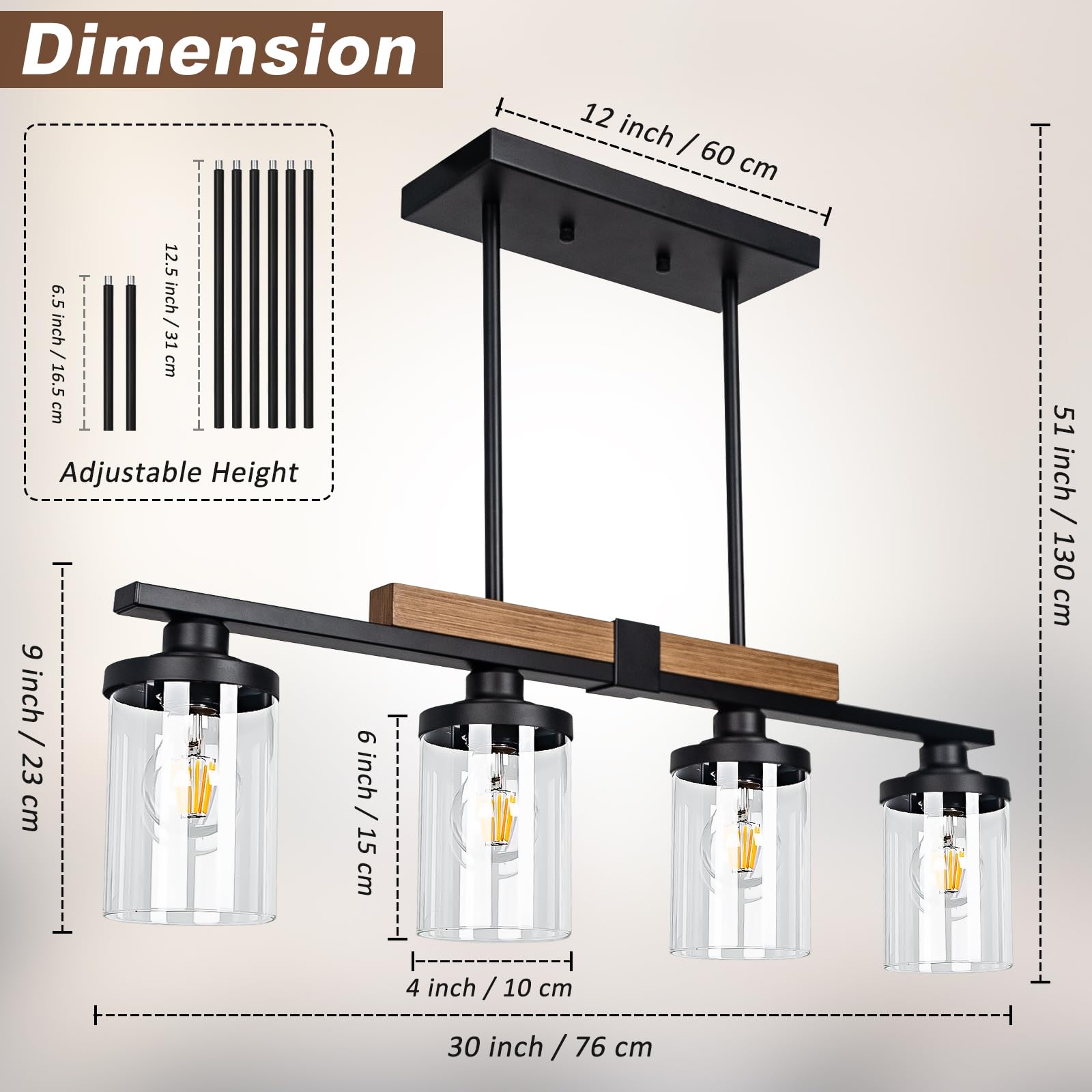 Farmhouse 4-Light Wood Chandelier - Adjustable Height Kitchen Island Pendant Lighting, Modern Industrial Black Ceiling Fixture for Dining Room & Living Room | Perfect Over Table, Breakfast Bar or Open Concept Spaces