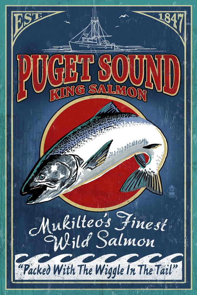 Vintage Salmon Metal Art Sign - Mukilteo Washington Themed 16x24 Aluminum Wall Decor | Gallery Quality Rustic Home & Office Decoration for Fishing Enthusiasts