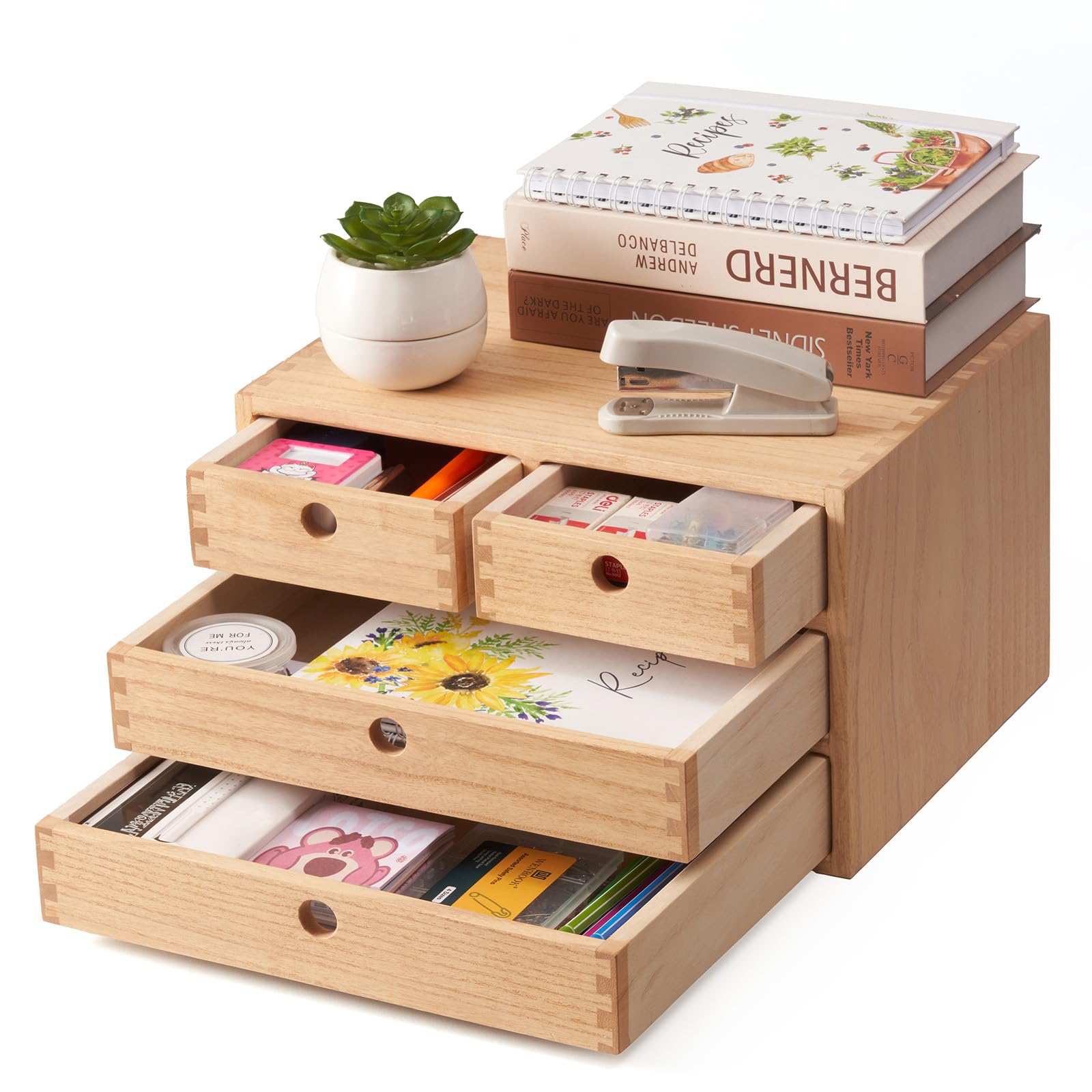 Kirigen Natural Wood Desktop Organizer with 3-Layer & 4 Drawers - Wooden Storage Box for Home Office, Workspace & Makeup Organization - Perfect for Desk Accessories, Stationery & Beauty Products Storage