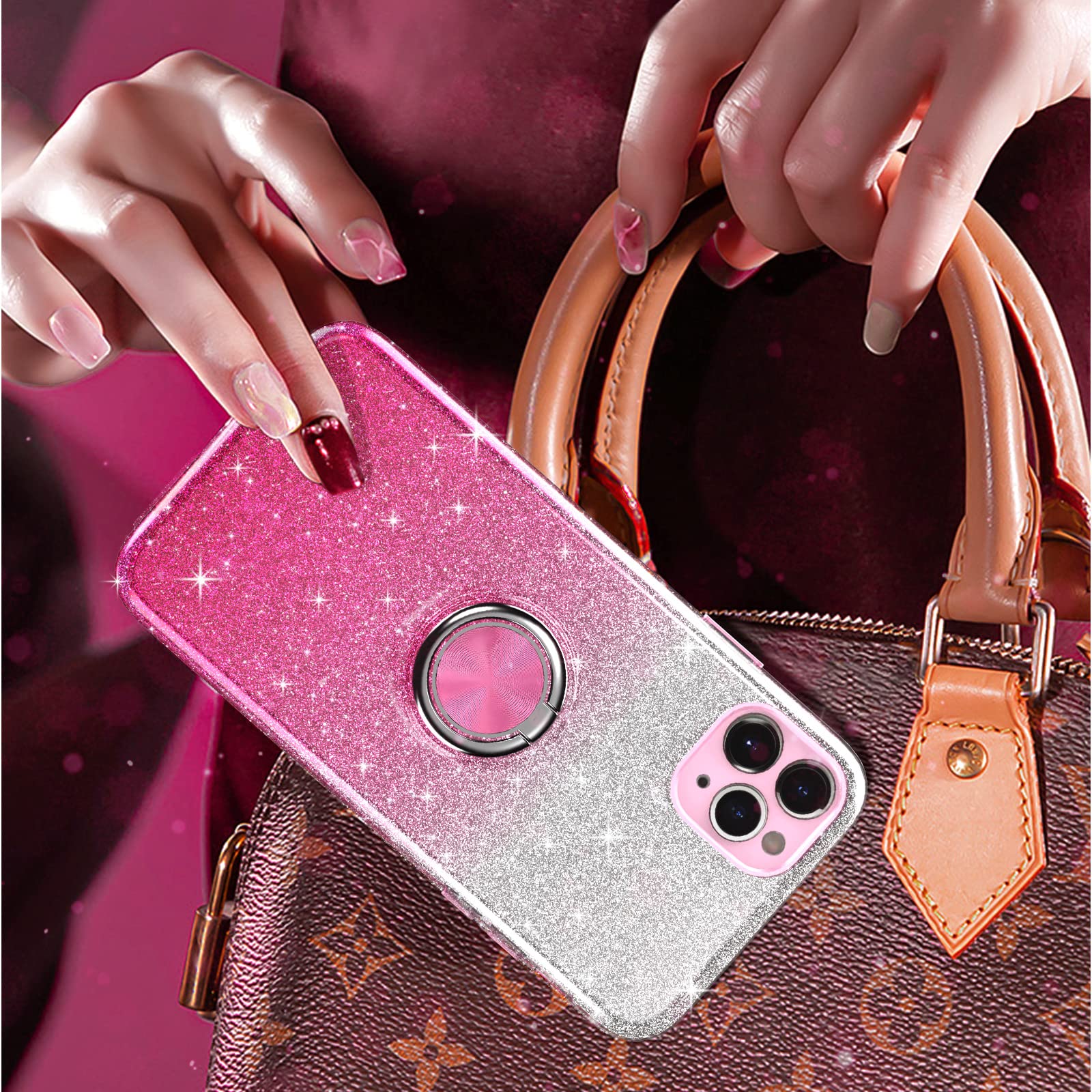 Sparkly Glitter iPhone 11 Pro Max Case with 360° Ring Holder & Magnetic Car Mount - Slim Shock-Absorbent Protective Cover for Women (6.5