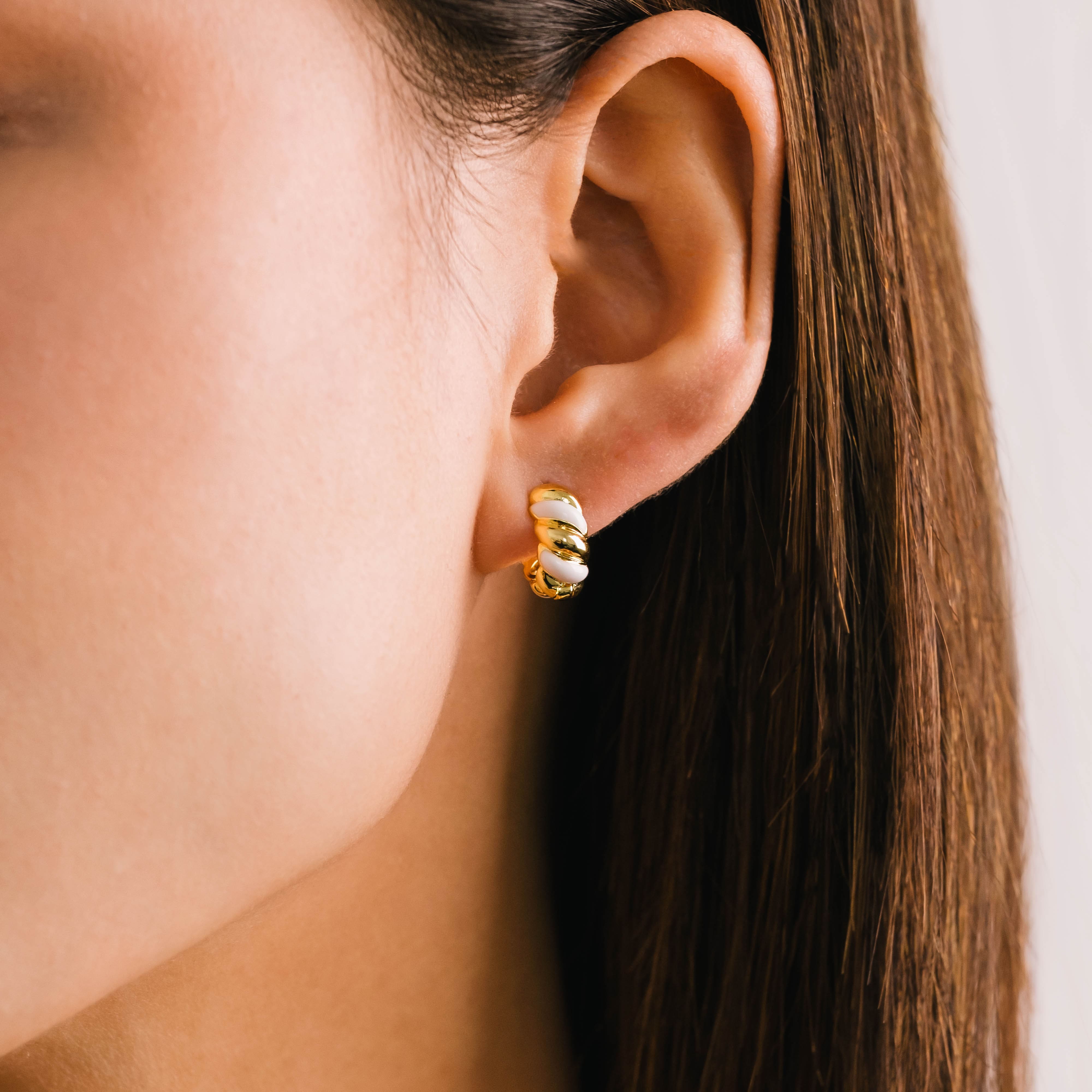 Croissant Enamel White Huggie Hoop Earrings - Dainty Gold Plated French Pastry Jewelry for Women - Perfect for Everyday Wear & Gift Giving