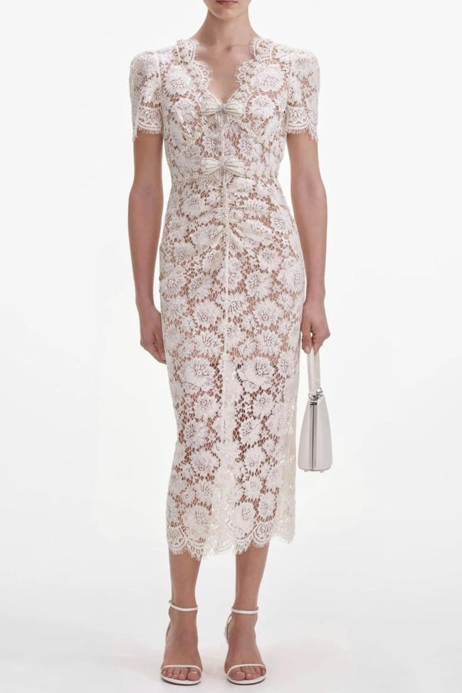Elegant Crystal Bow Detailed V-Neck Lace Midi Dress for Women | Formal Occasions, Weddings & Evening Parties