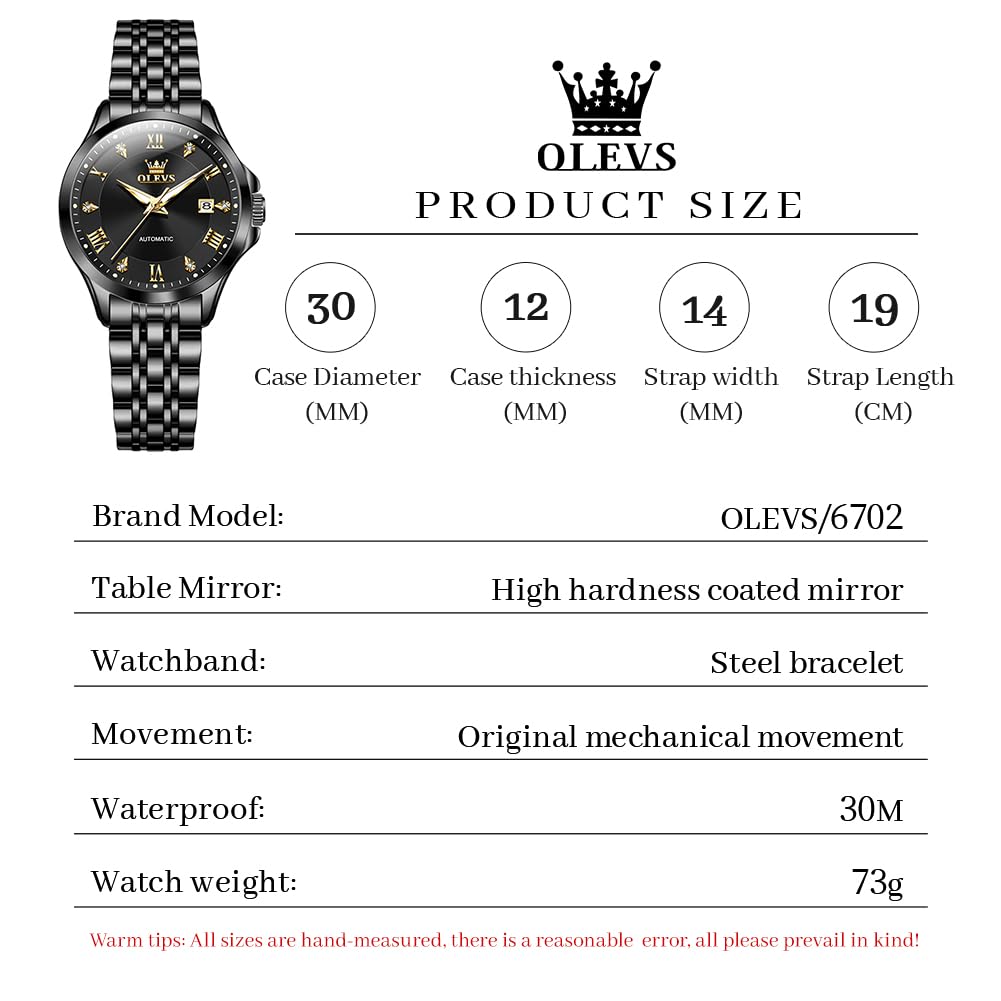 OLEVS Women's Automatic Diamond Luxury Dress Watch - Self Winding, Date Display, Luminous Hands, Waterproof - Perfect for Business, Evening Events & Formal Occasions