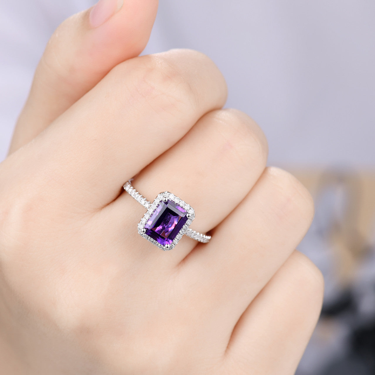 Natural 6x8mm Emerald Cut Amethyst Engagement Ring - 14k White Gold Halo Prong Set with Diamonds | Elegant Wedding Band for Brides, Anniversary Gift & Romantic Proposal Jewelry