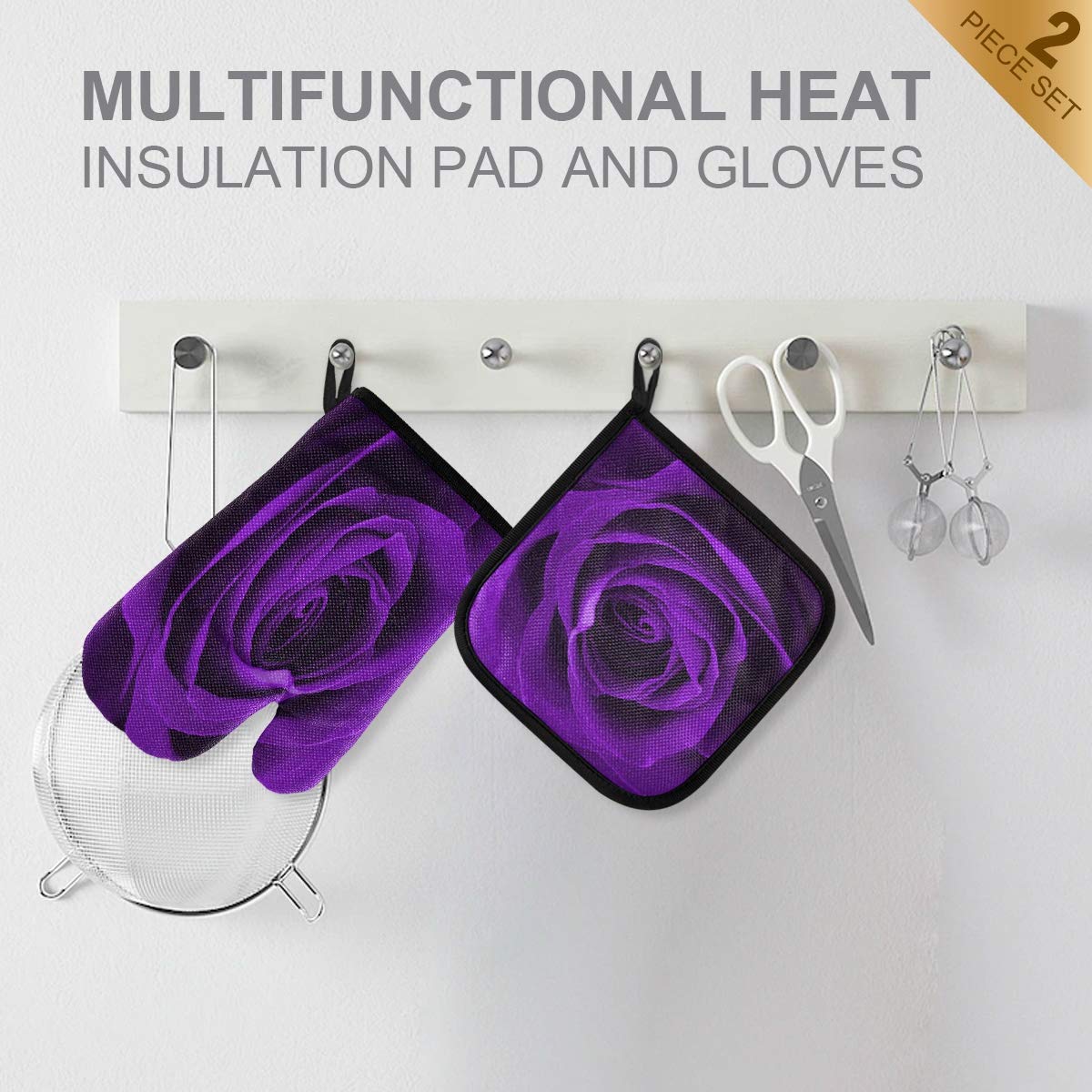 Heat Resistant Purple Rose Oven Mitts & Pot Holders - Non-Slip Microwave Gloves for Baking, Cooking, Grilling & BBQ - Perfect for Kitchen, Camping & Outdoor Cooking