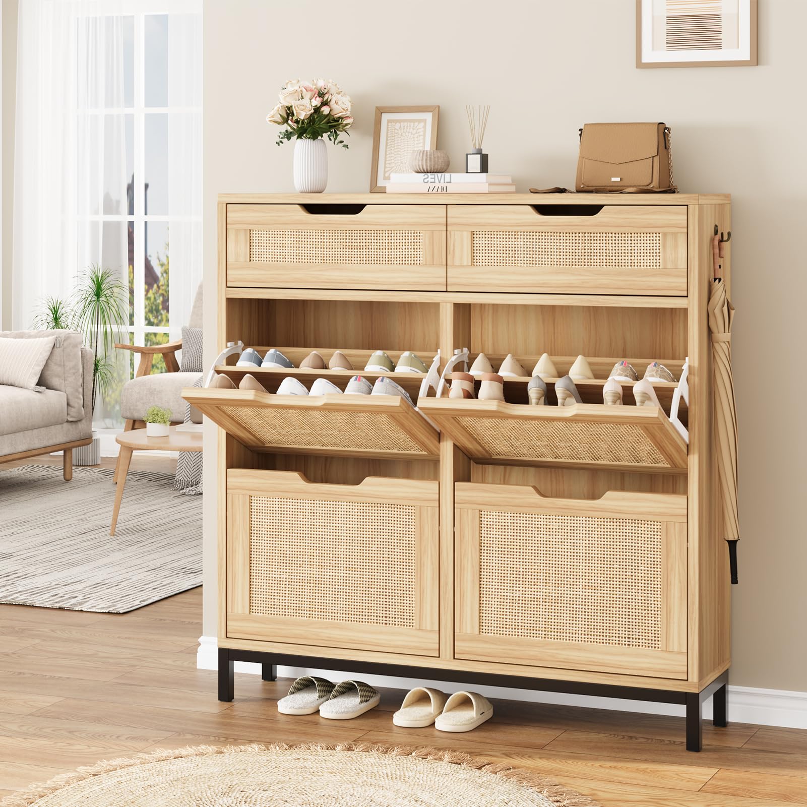 Rattan Shoe Storage Cabinet with 4 Flip Drawers - Narrow Wooden Shoe Organizer for Entryway, Hallway & Foyer - Free Standing Hidden Shoe Cabinet for Small Spaces - Perfect for Apartments, Dorm Rooms & Closets