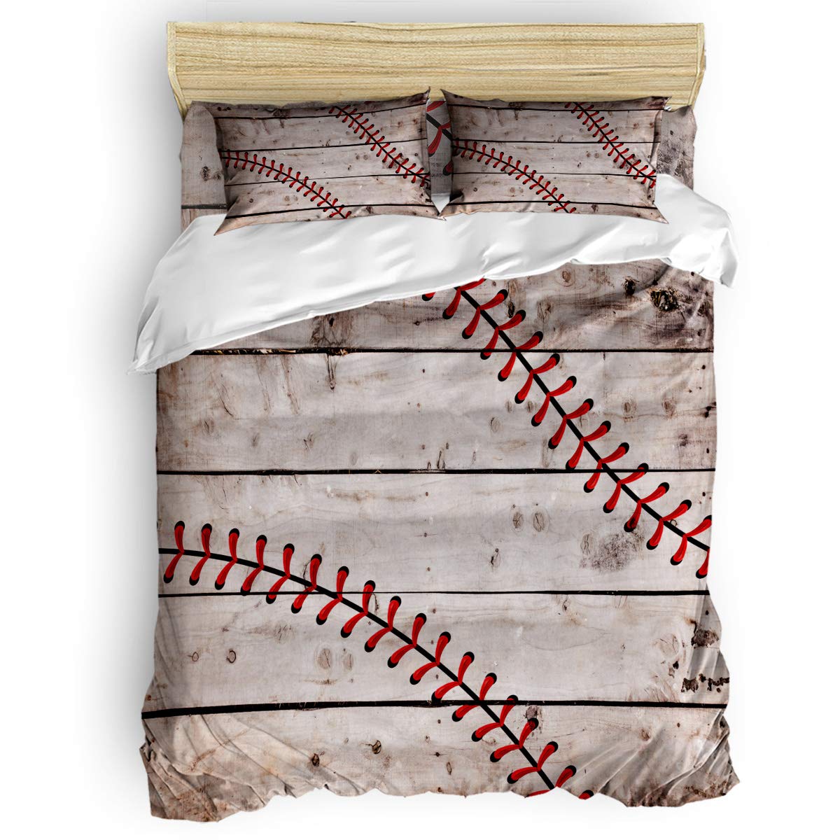 Baseball Pattern Wood Grain Zipper Duvet Cover Set - Soft Comforter Cover for Kids & Teens, Full Size Twill Plush Bedding Set - Perfect for Boys & Girls Bedrooms, Dorm Rooms & Sleepovers