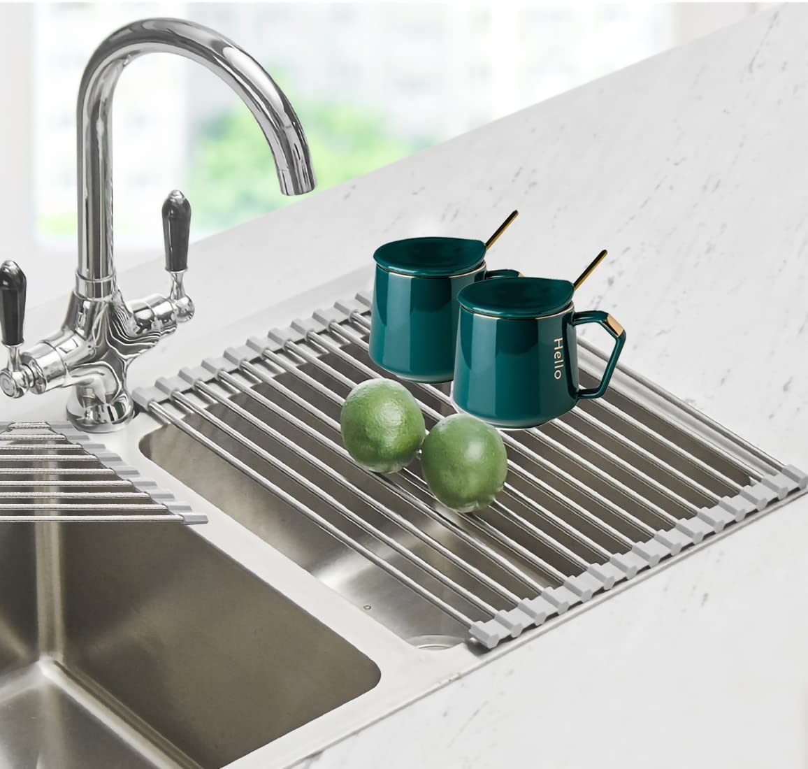 Foldable Stainless Steel Over The Sink Dish Drying Rack - Space Saving Kitchen Countertop Drainer (17.7