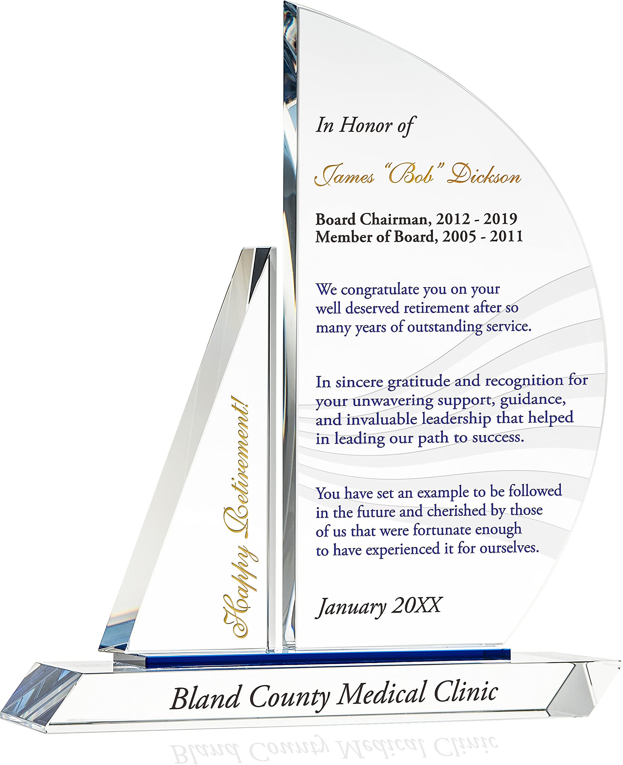 Personalized Engraved Crystal Sailboat Retirement Gift for Executives - CEO, President, Board Member - 10 Inch Custom Plaque for Him & Her | Perfect Office Decor & Milestone Celebration Gift