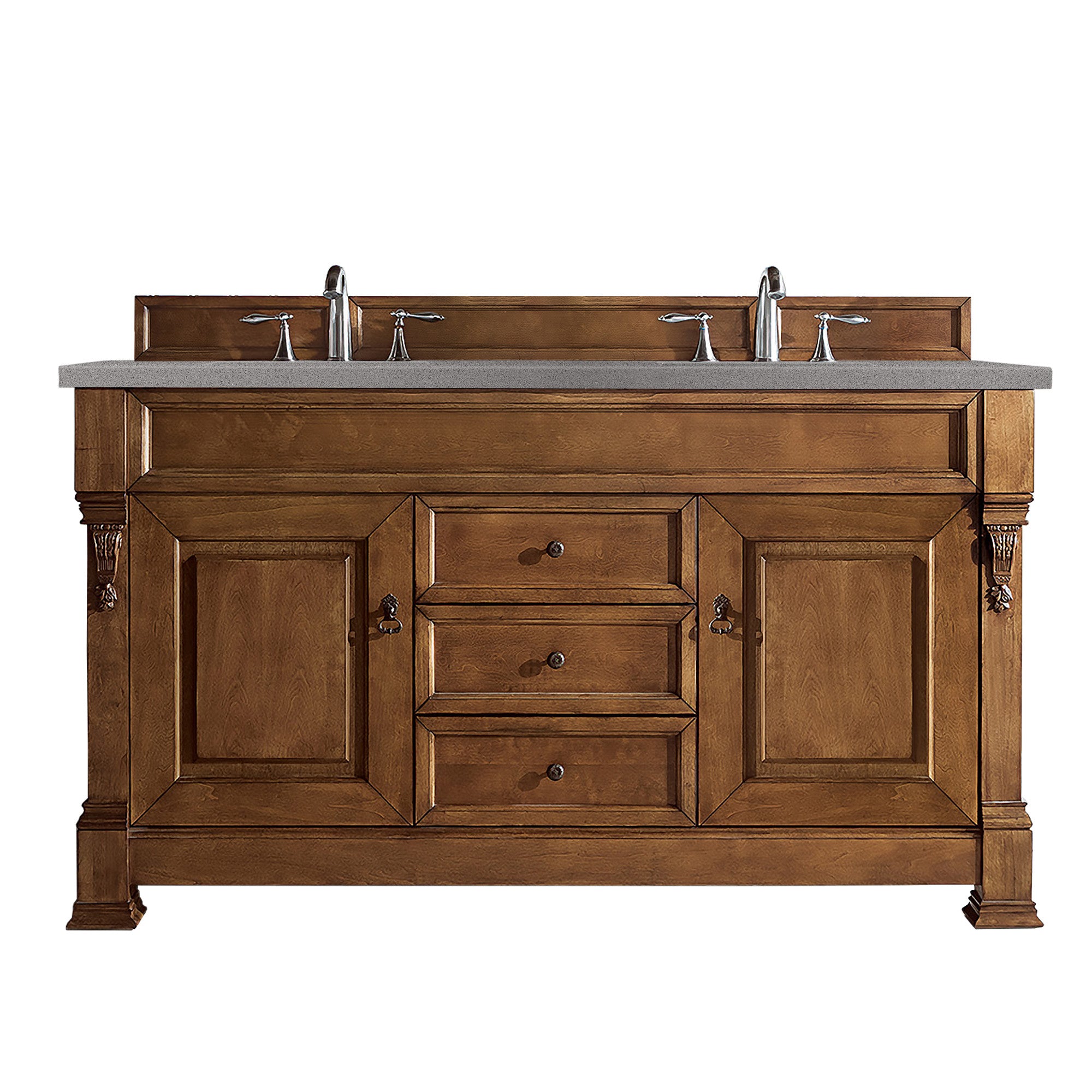 Brookfield 60-Inch Double Vanity with Country Oak Finish and 3CM Grey Expo Quartz Top – Perfect for Modern Farmhouse and Rustic Bathroom Designs