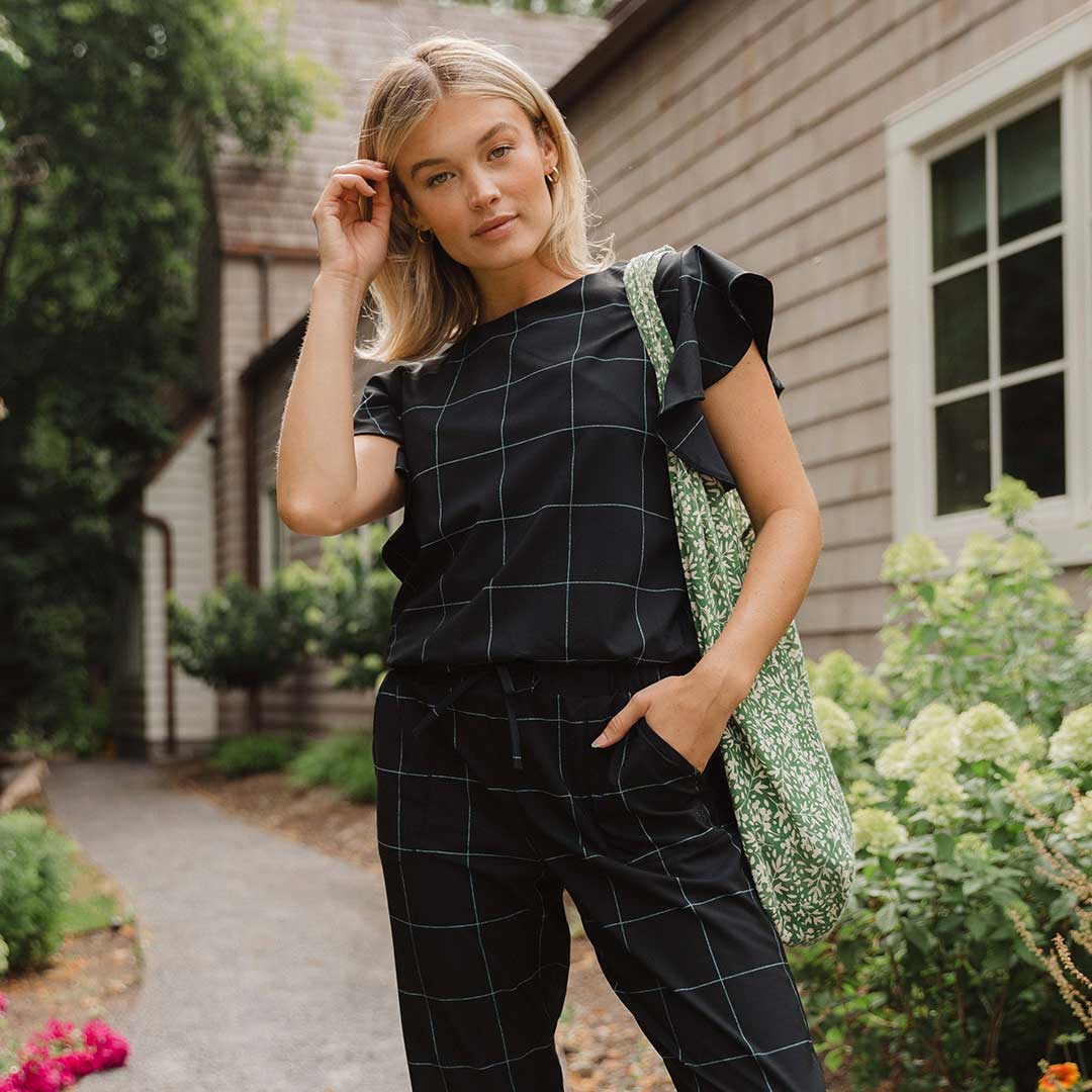 9 to 9 Women's Black Windowpane Jumpsuit - Stylish One-Piece Outfit for Work, Office & Casual Wear
