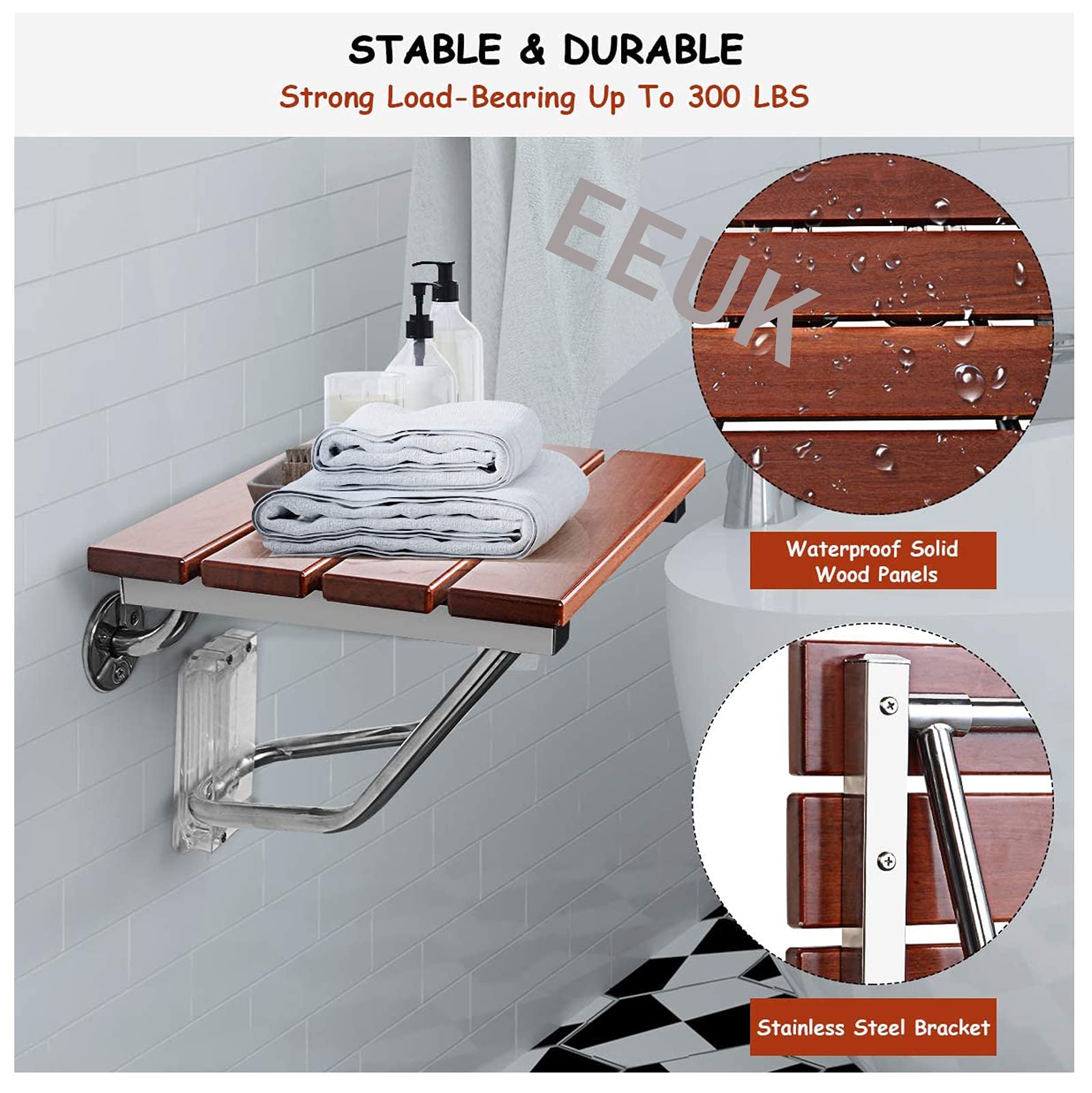 Foldable Wall Mounted Shower Seat Bench - 300lb Capacity Waterproof Wooden Bath Stool for Elderly & Disabled - Space Saving Medical Shower Chair for Small Bathrooms & Accessible Showers