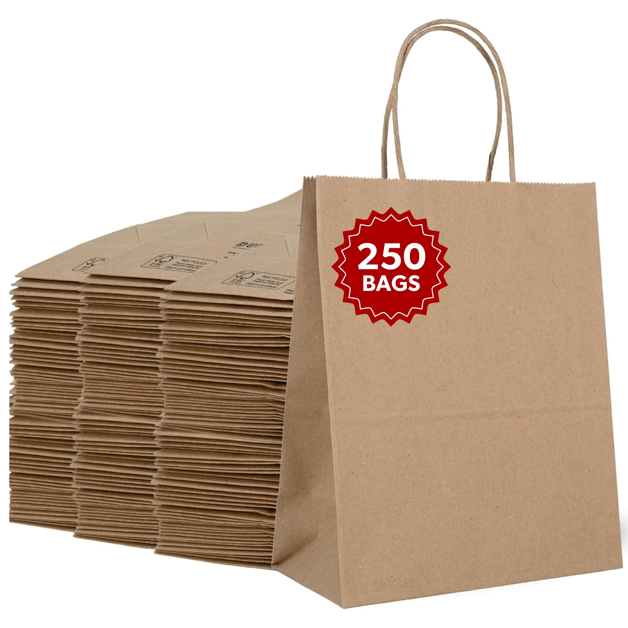 Durable 60# 8x4.5x10.25 Brown Kraft Paper Bags with Handles - Pack of 250 for Small Business, Retail Shopping, Party Favors, Gift Packaging & Craft Projects | Perfect for Holidays, Weddings & Eco-Friendly Shopping