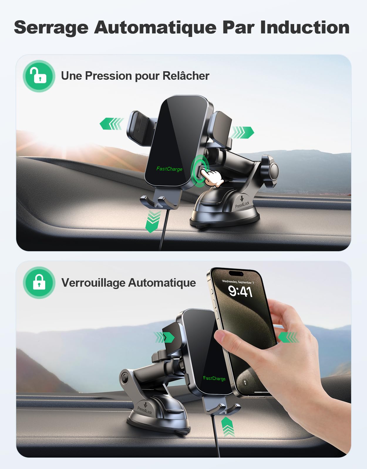 Glangeh 15W Wireless Car Charger Phone Holder - Auto-Clamping Qi Fast Charging with Military-Grade Suction Cup, Compatible with iPhone 16/15 Pro Max & Galaxy S24/S23 - Perfect for Road Trips & GPS Navigation