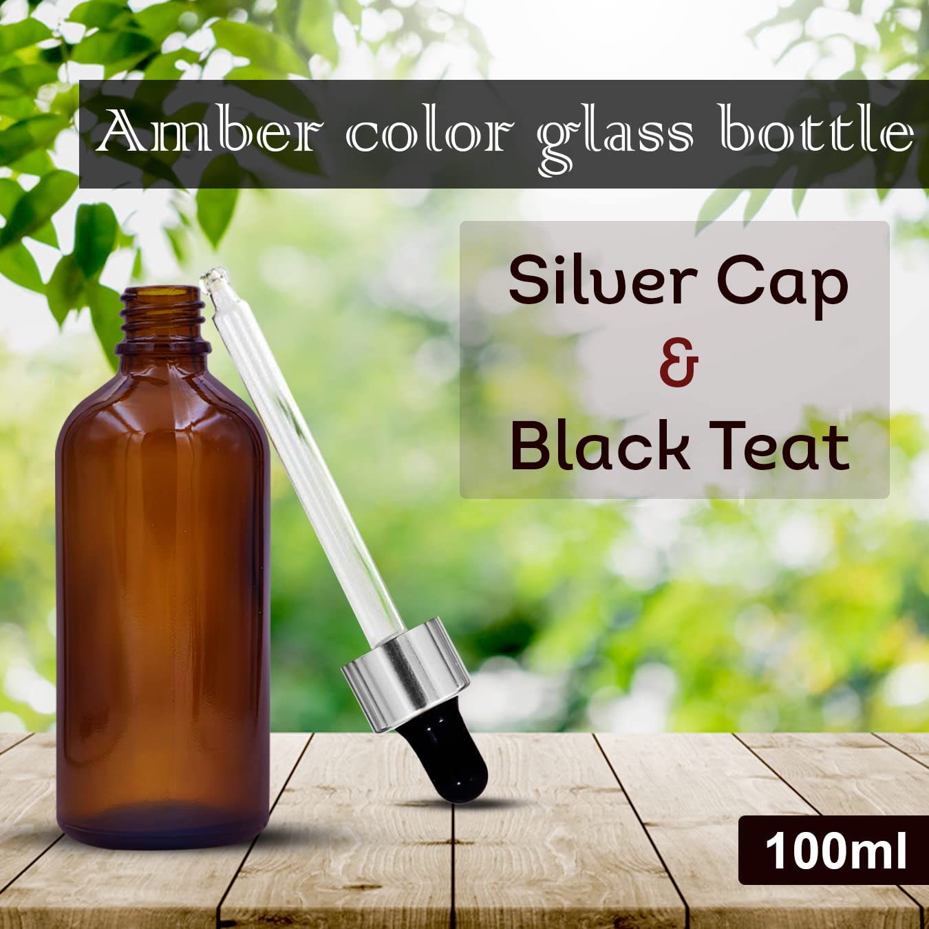 NSB Herbals 100ml Amber Round Empty Glass Bottle with Glass Dropper, Silver Ring & Black Silicone Teat - Refillable Essential Oil Bottle for DIY Perfumes, Aromatherapy, and Herbal Extracts (Pack of 1)