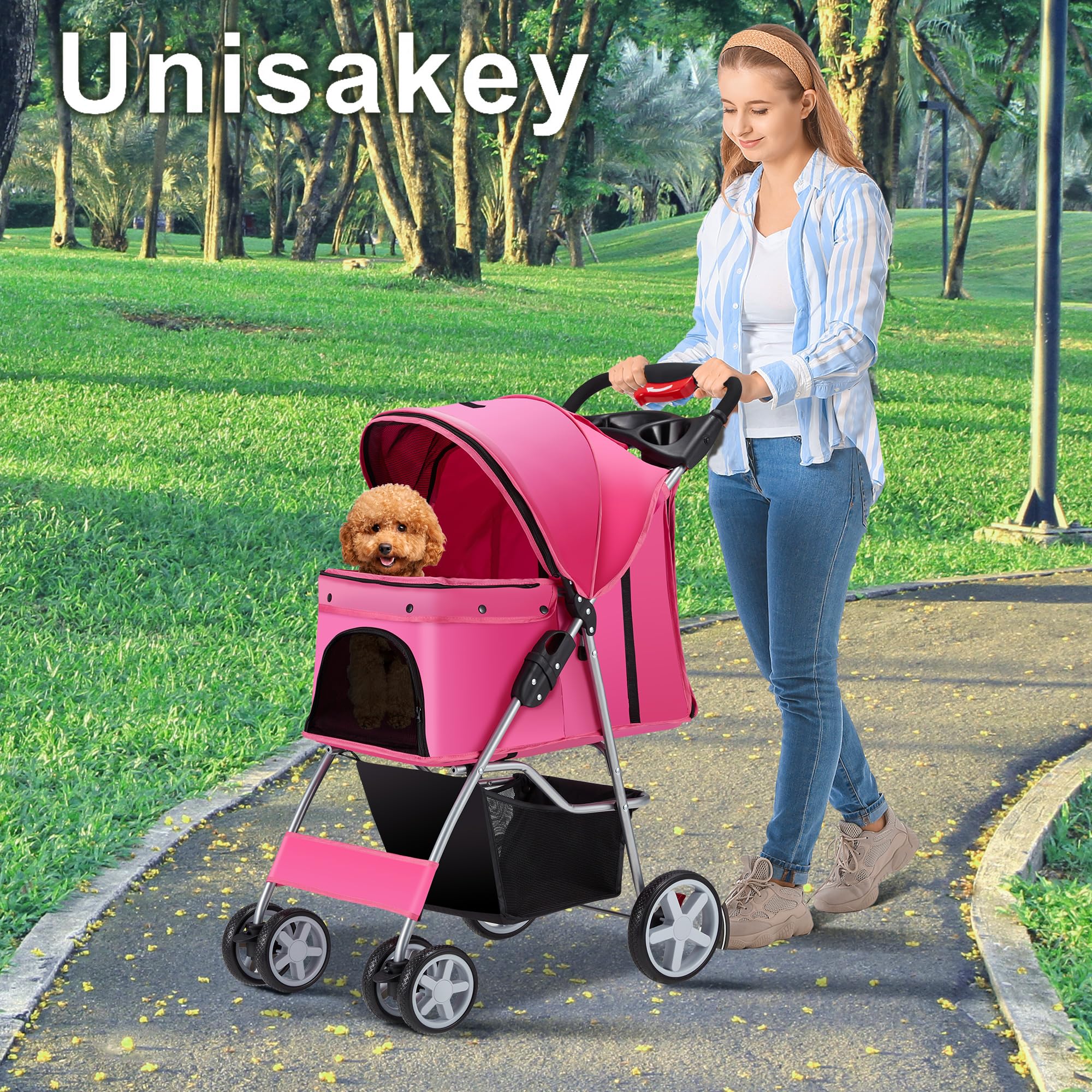 4 Wheels Foldable Pet Stroller for Small & Medium Dogs Cats (10-33 lbs) - Lightweight Dog Cat Carrier with Cup Holder, Storage Basket & Breathable Mesh - All-Season Pet Strolling Cart (Pink) - Perfect for Park Walks, Vet Visits & Shopping Trips