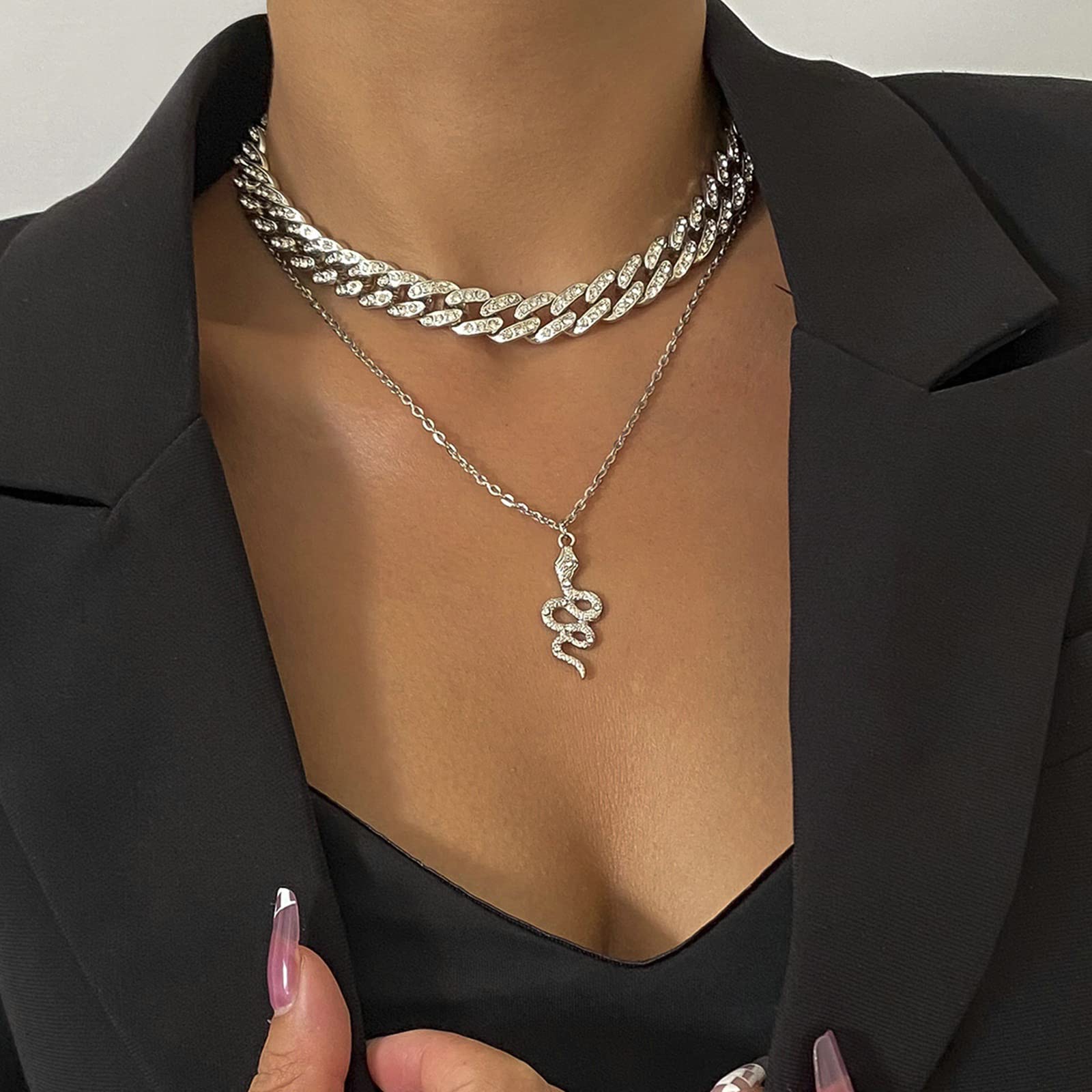 CZ Snake Pendant Layered Choker Necklace for Women - 18K Gold Plated Cuban Chain 2 Layer Necklace Set, Fashion Jewelry Gift for Birthday, Anniversary & Valentine's Day | Perfect for Parties, Date Nights & Special Occasions