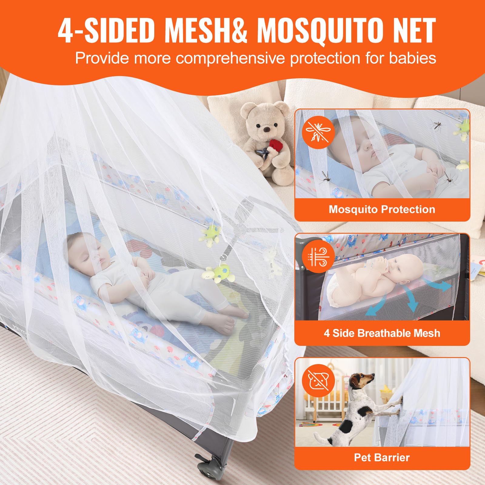 VEVOR Portable Baby Bassinet & Playard with Changing Table, Mosquito Net & Wheels - Foldable Bedside Sleeper Crib for Newborns & Infants - Perfect for Nursery, Travel & Co-Sleeping